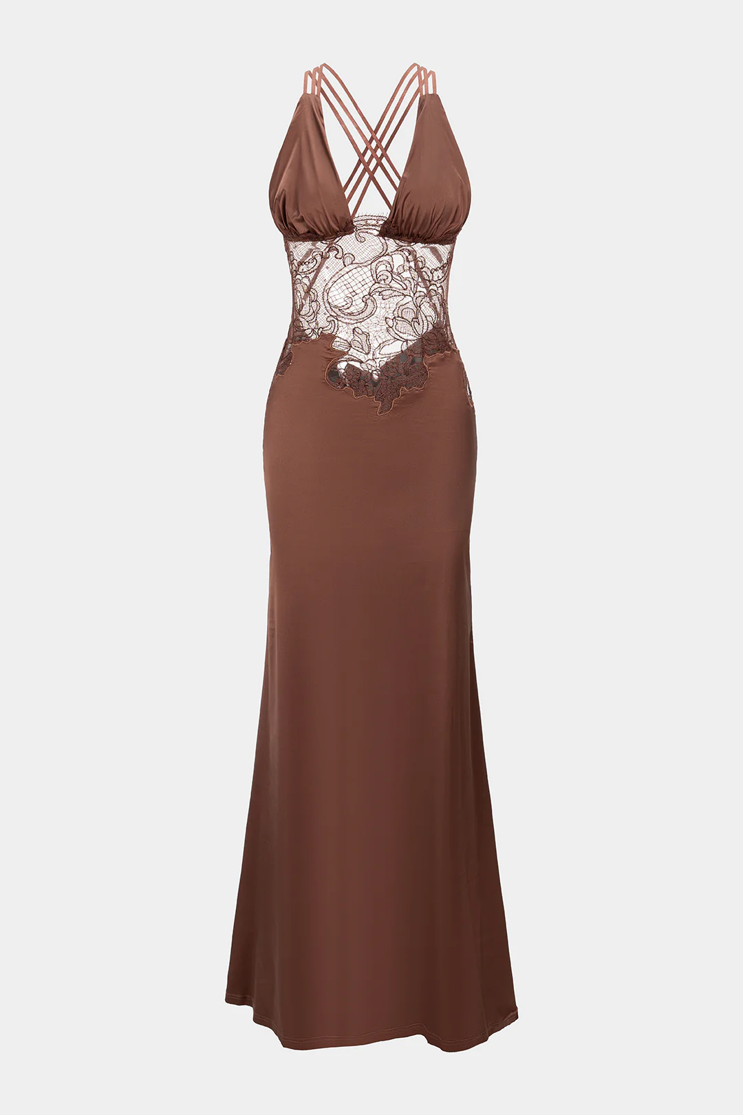 Stain Patchwork Sheer Lace V-Neck Crosssed Backless Maxi Dress - Weenar