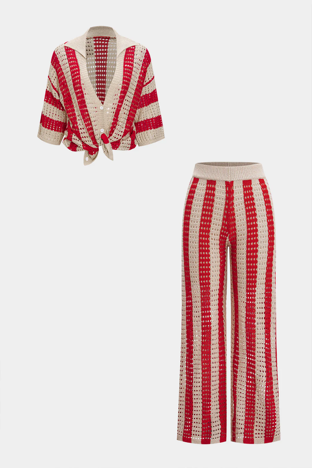 Knit Cut Out Contrast Short-Sleeve Top And Pants Set - Weenar