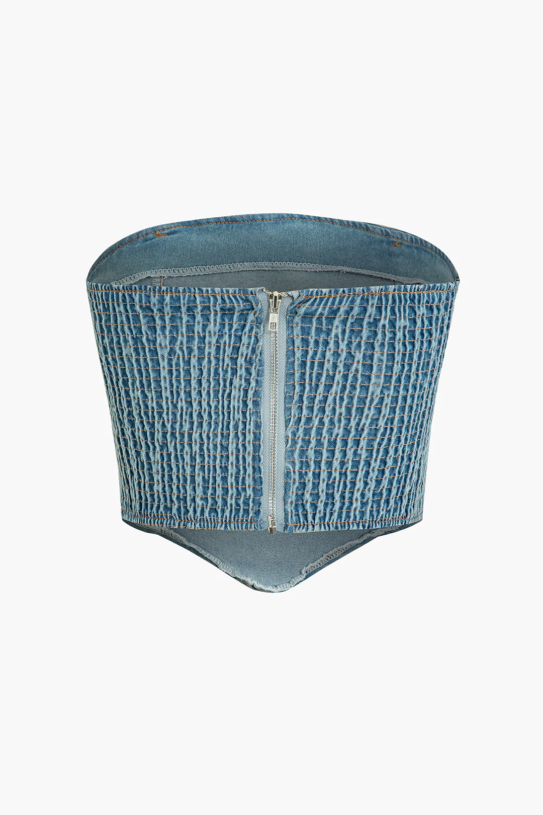 Denim Washed Asymmetrical Smocked Zipper Belted Tube Top - Weenar