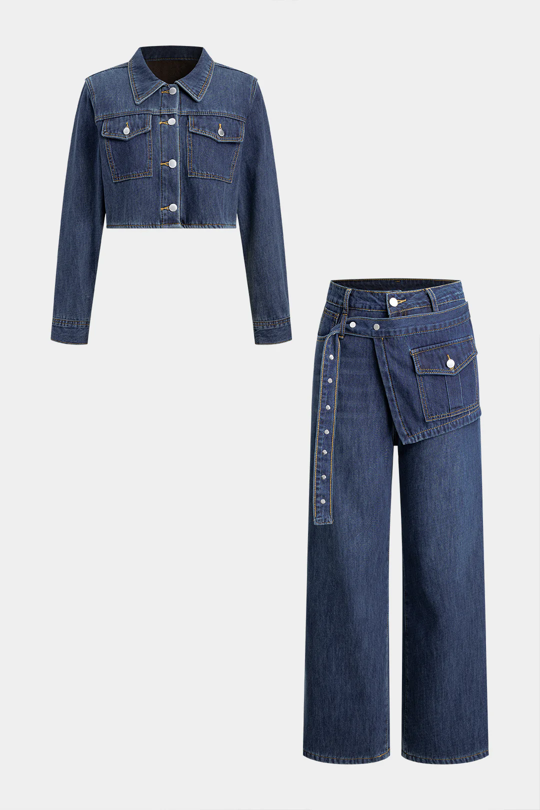 Denim Button Long-Sleeve Top And High Waist Asymmetrical Jeans Set - Weenar