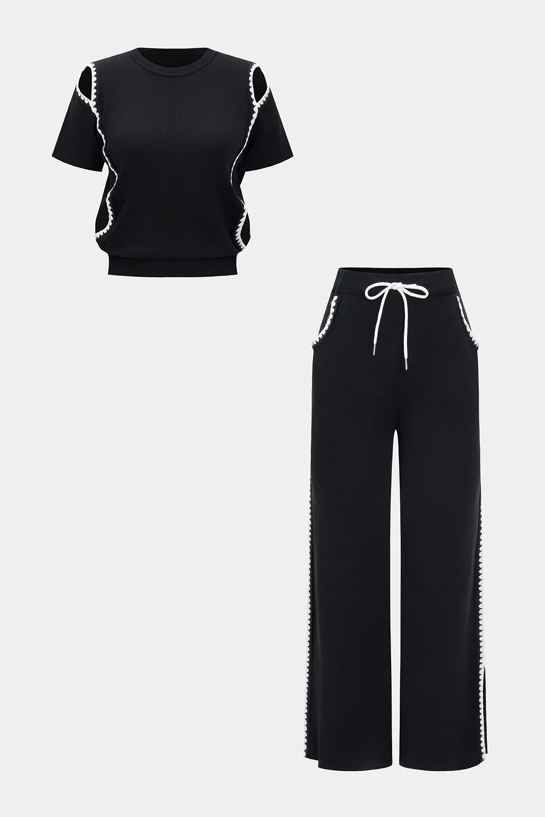 Knit Contrast Cut Out Short-Sleeve Top And Tie-Up Wide Leg Trousers Set - Weenar