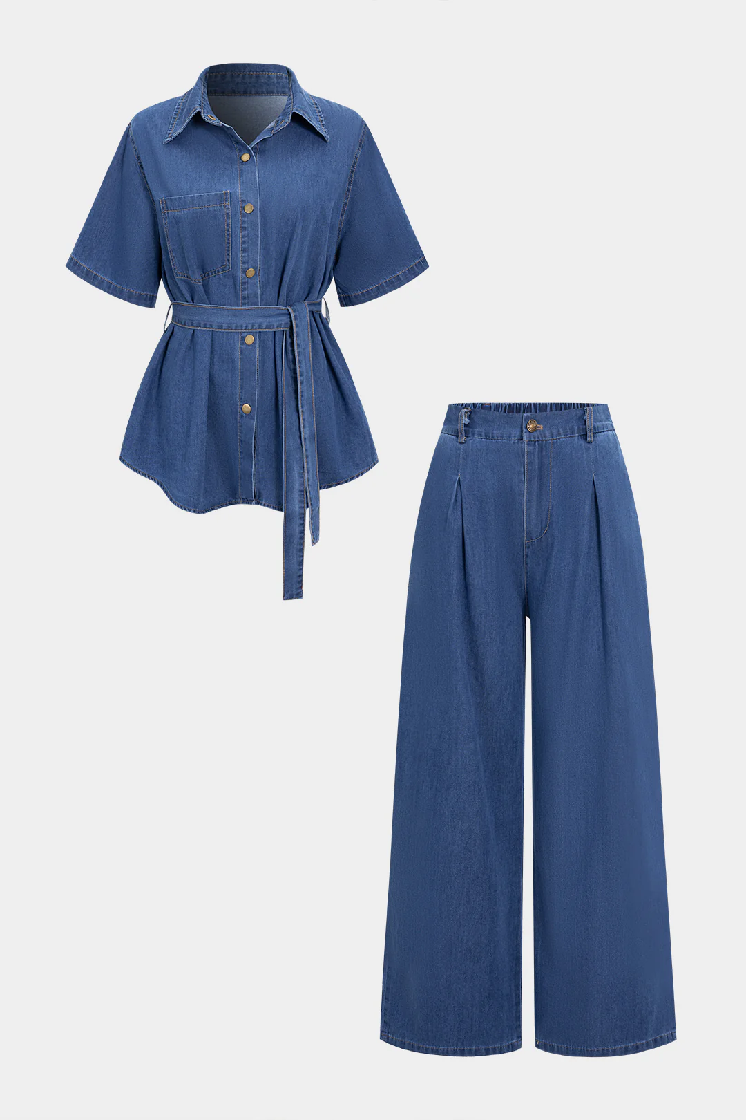 Denim Button Tie Shirt And Jeans Set - Weenar