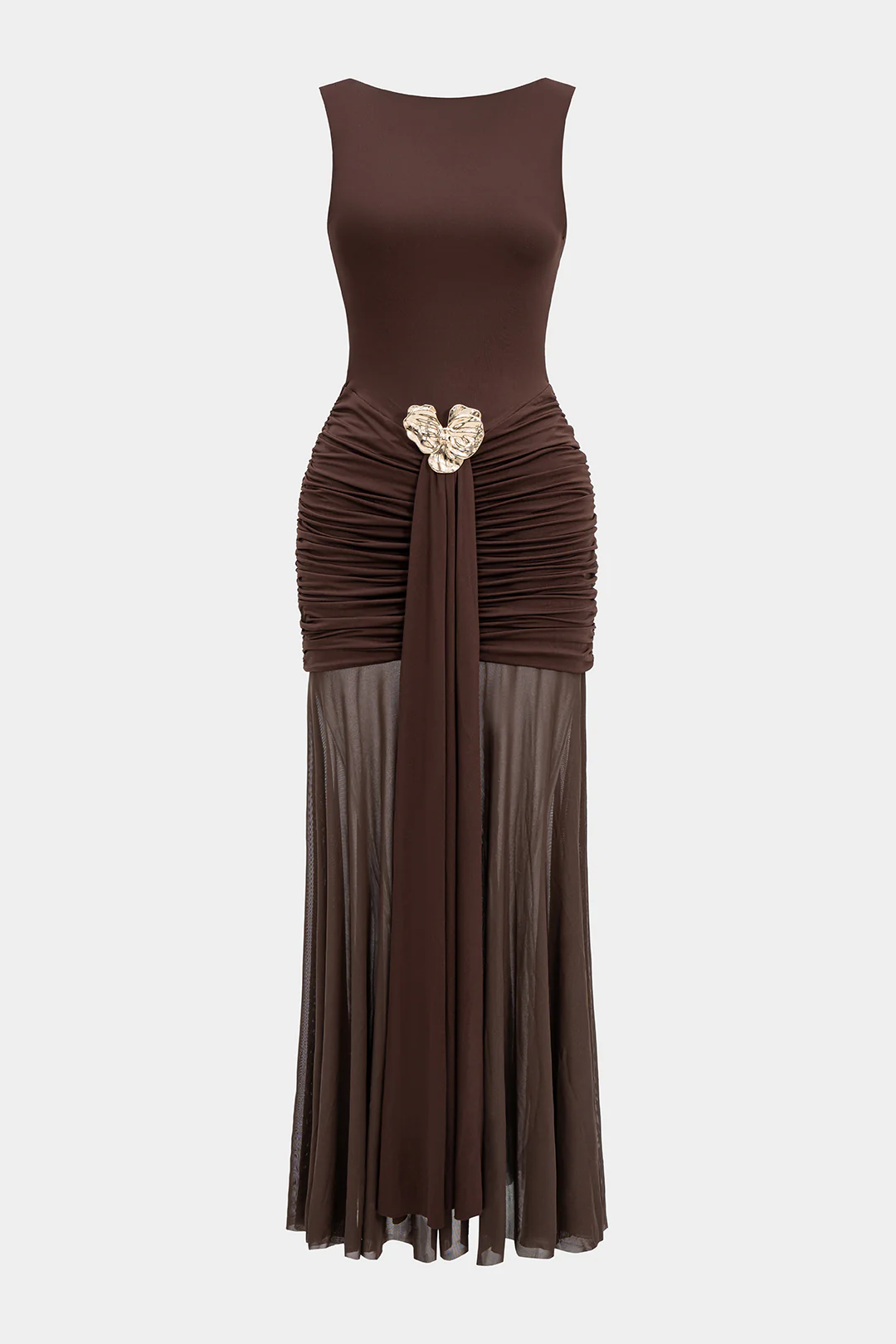 Mesh Metallic Decor Ruched Backless Sleeveless Maxi Dress - Weenar