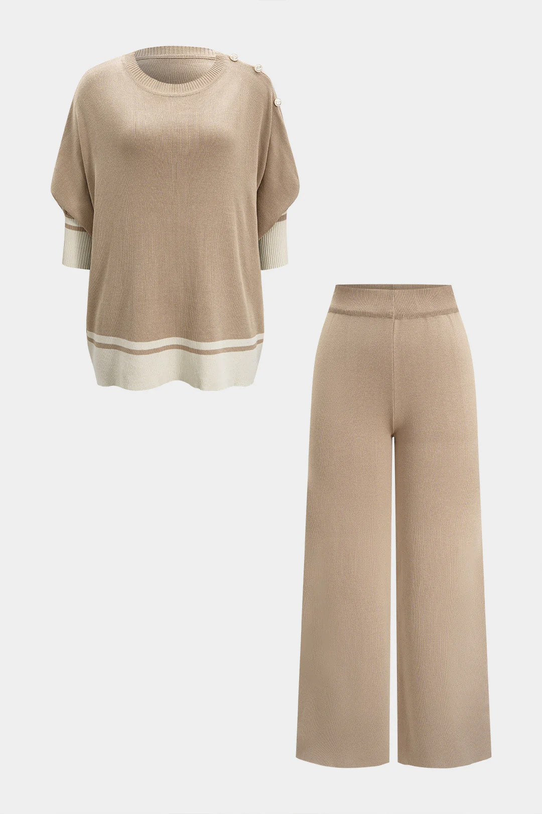 Knit Contrast Metallic Button Short-Sleeved Top And Wide Leg Pants Set - Weenar