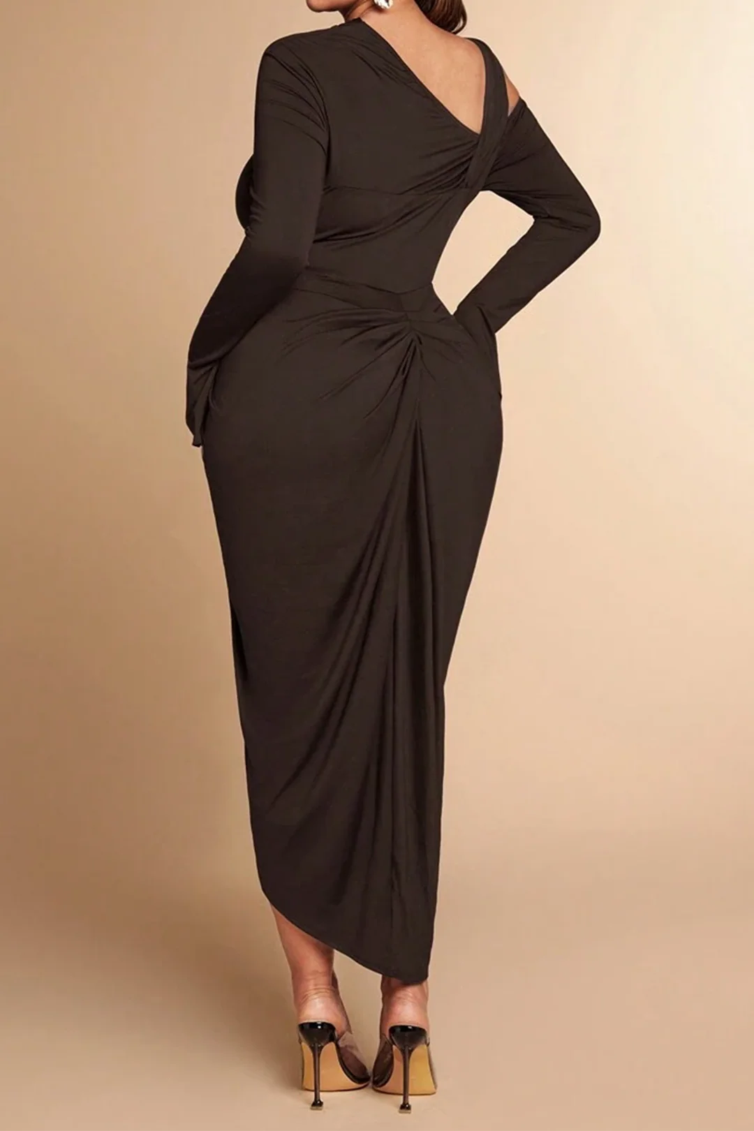 Plus Size Asymmetrical High Slit Ruched Long Sleeve Midi Dress - Weenar