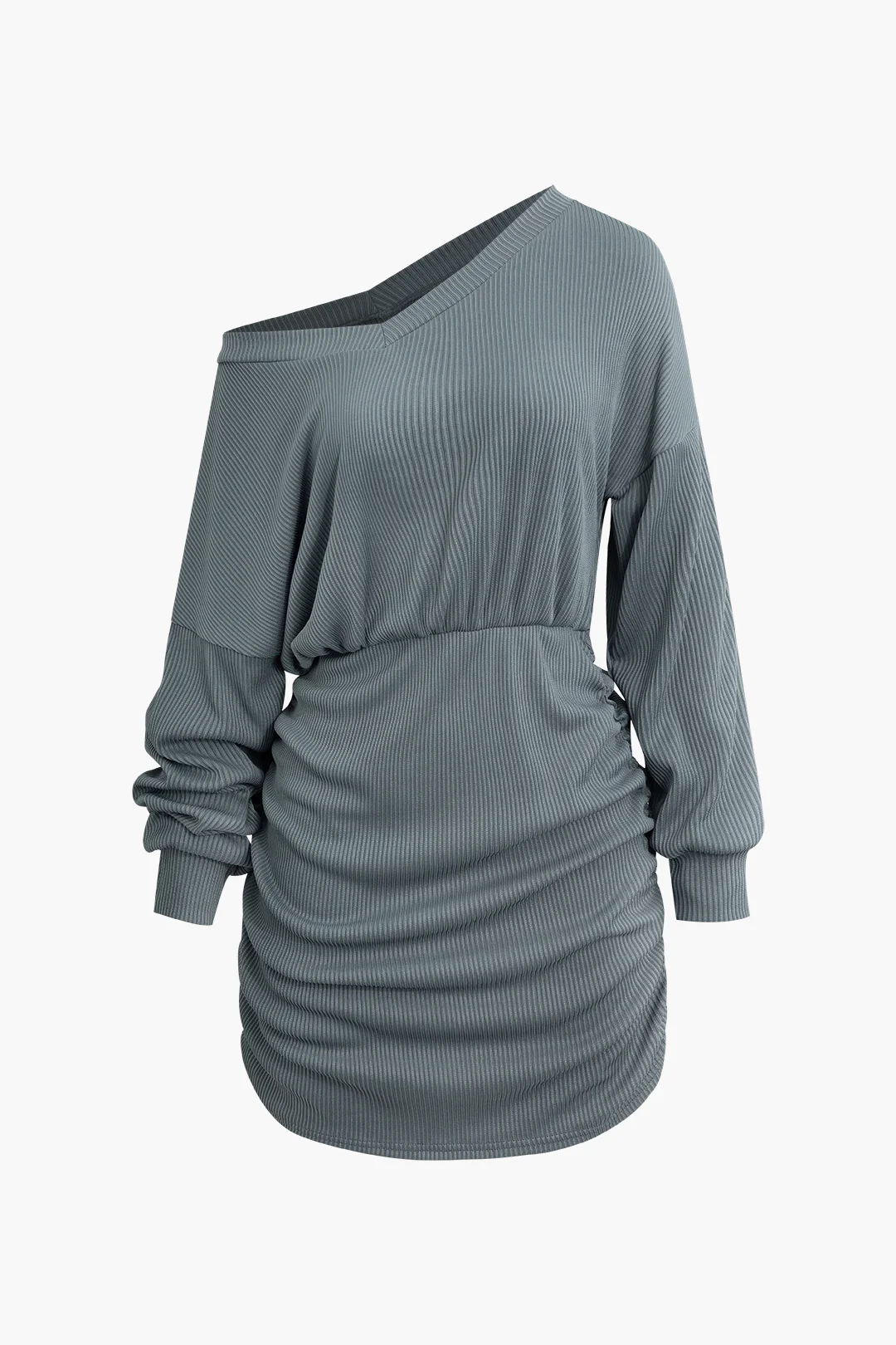 Asymmetrical Ruched Long Sleeve Mini Dress - Weenar