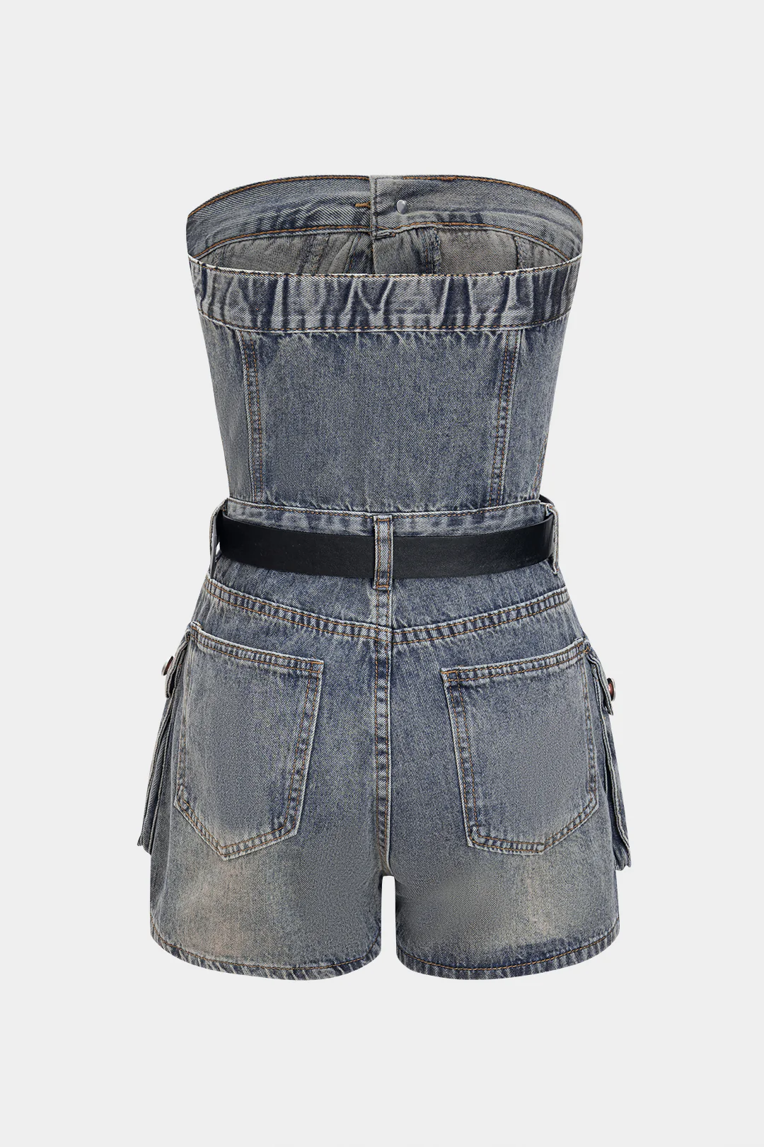 Denim Cut Out Belted Strapless Sleeveless Jumpsuit - Weenar