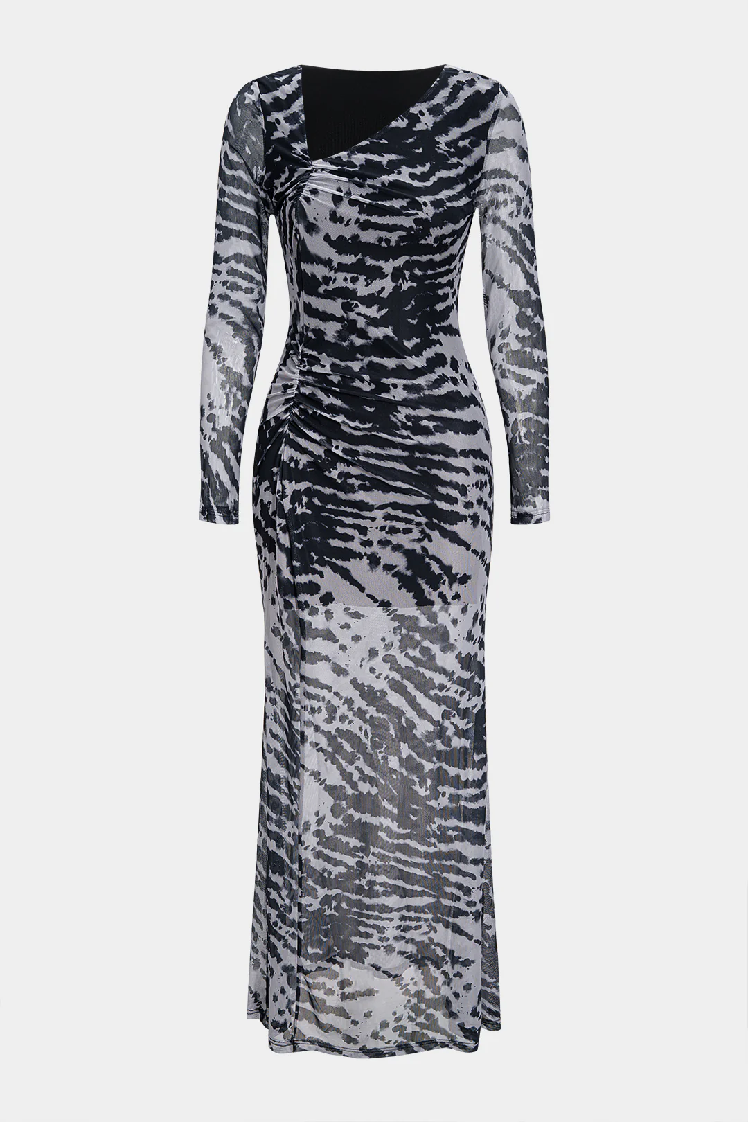 Contrast Print Mesh Ruched Long Sleeve Maxi Dress - Weenar