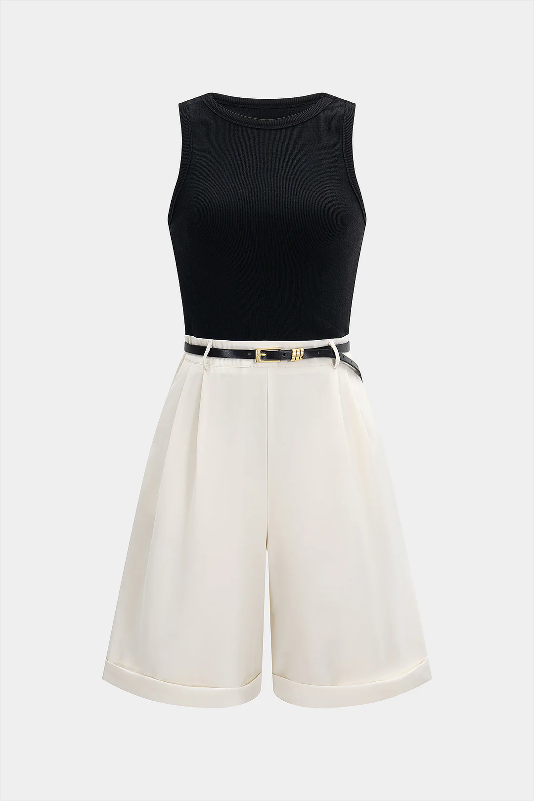 Contrast Patchwork Belted Sleeveless Romper - Weenar
