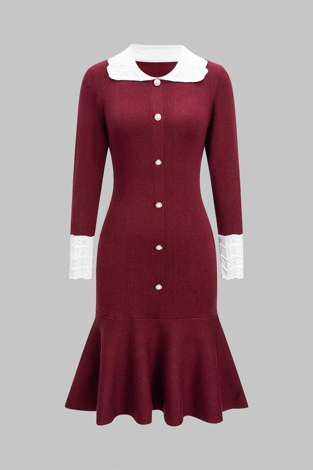 Knit Button Ruffle Hem Long Sleeve Dress - Weenar