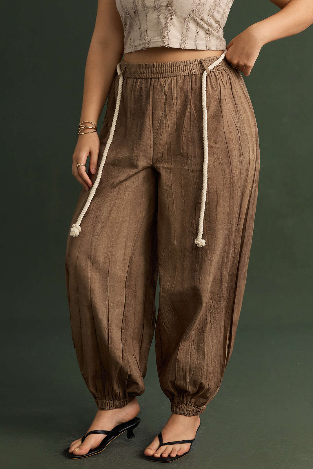 Plus Size High Waist Ruched Belted Trousers - Weenar