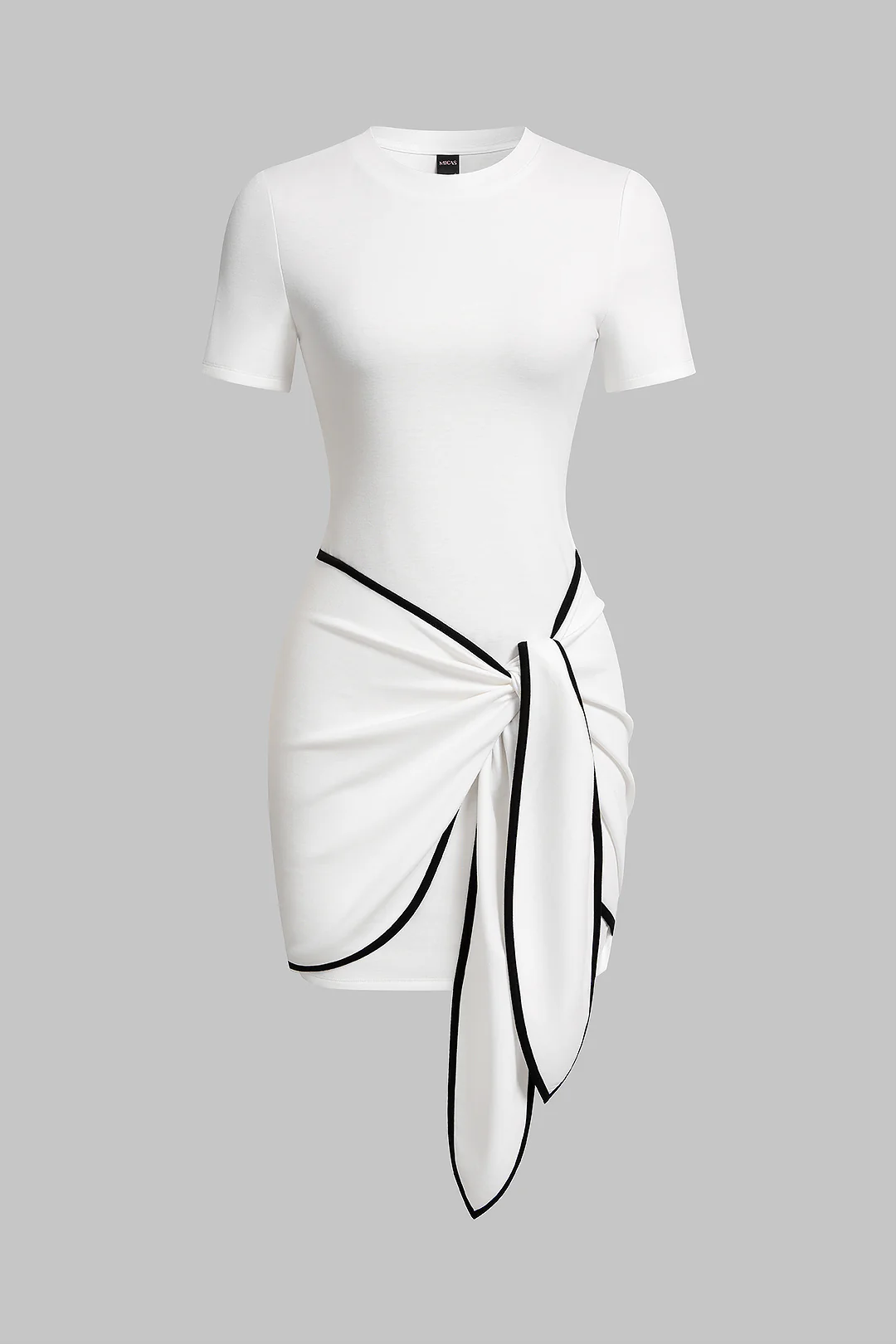 Contrast Binding Round Neck Tie-Up Short Sleeve Mini Dress - Weenar