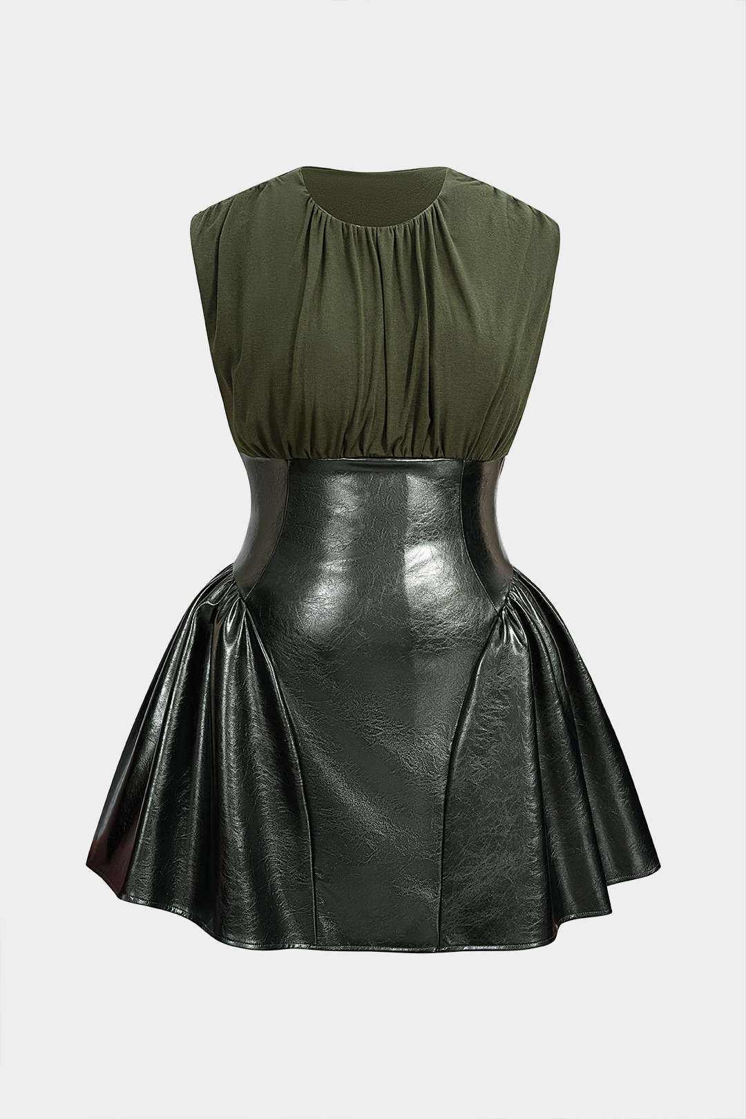 Plus Size Faux Leather Patchwork Ruched Sleeveless Mini Dress - Weenar