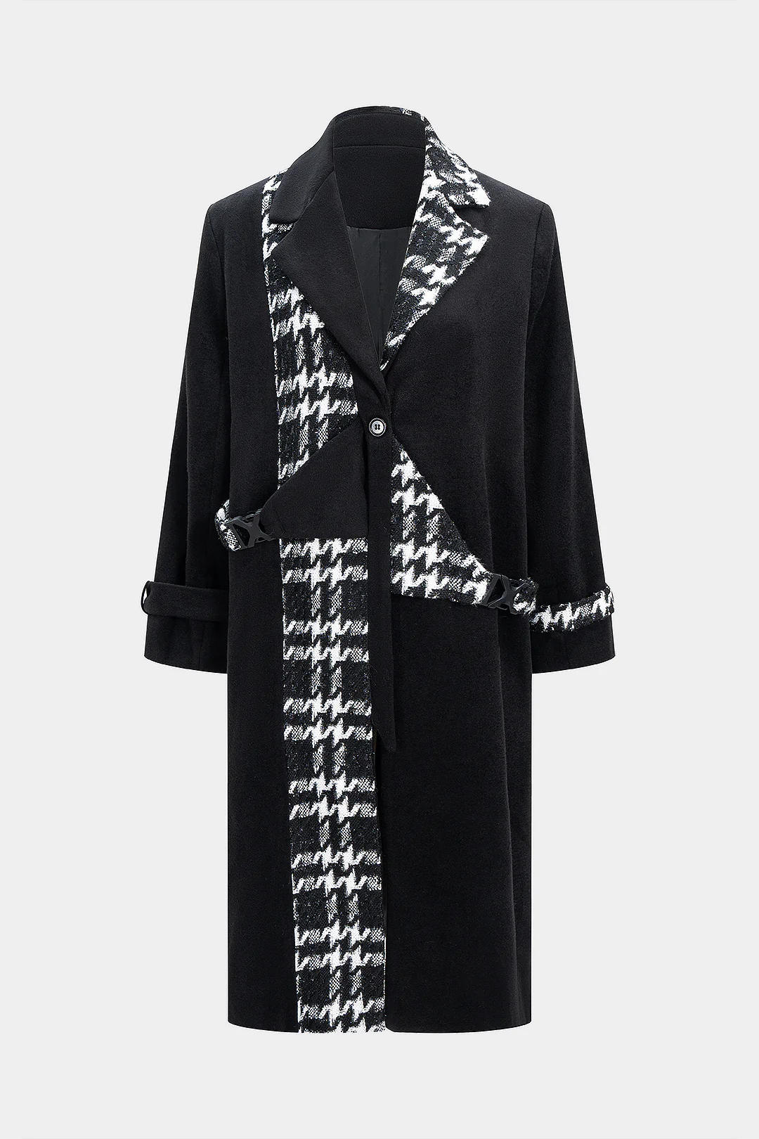 Woolen Jacquard Patchwork Contrast Asymmetrical Notched Lapel Coat - Weenar