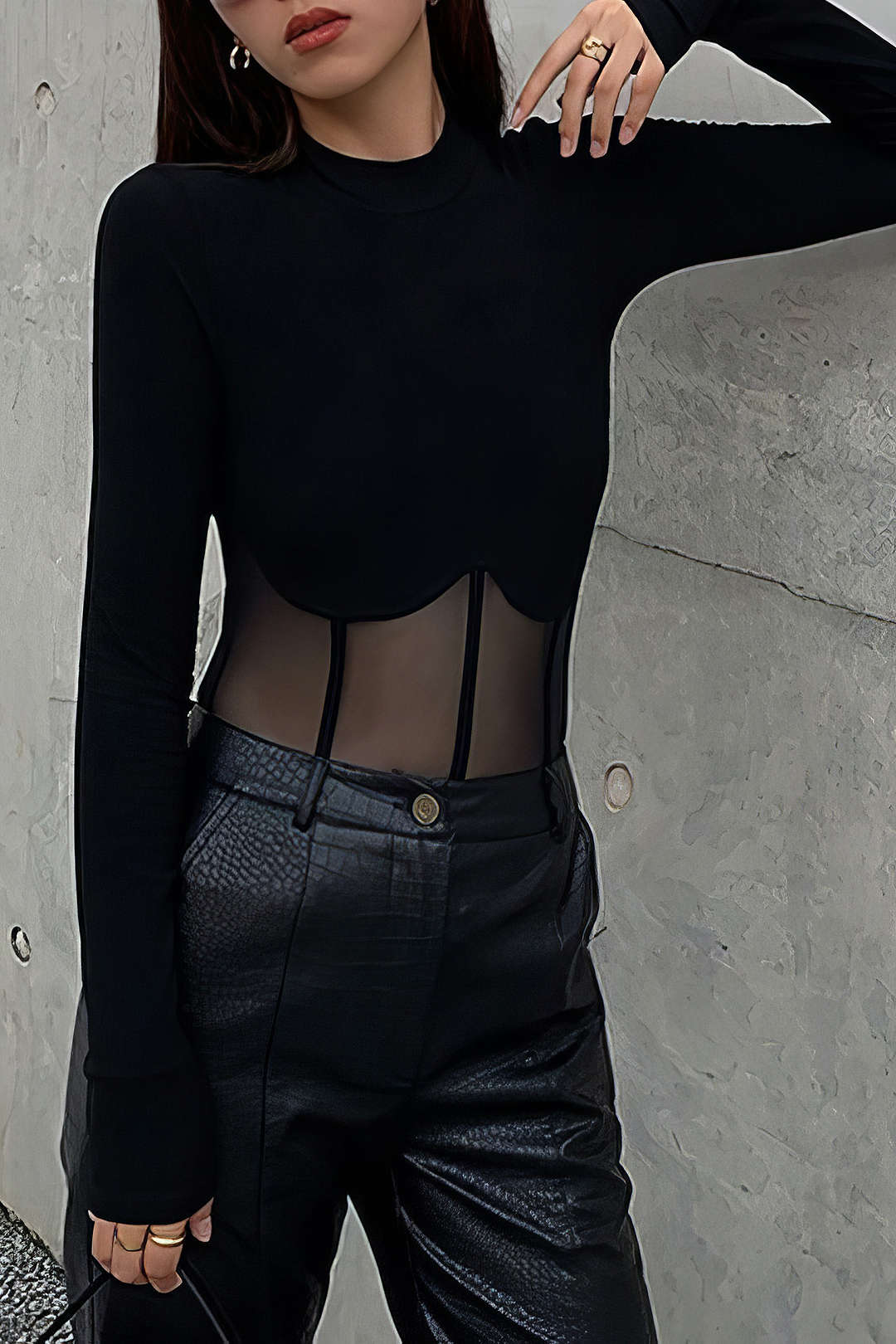 Mesh Patchwork Corset Round Neck Long-Sleeve Top - Weenar