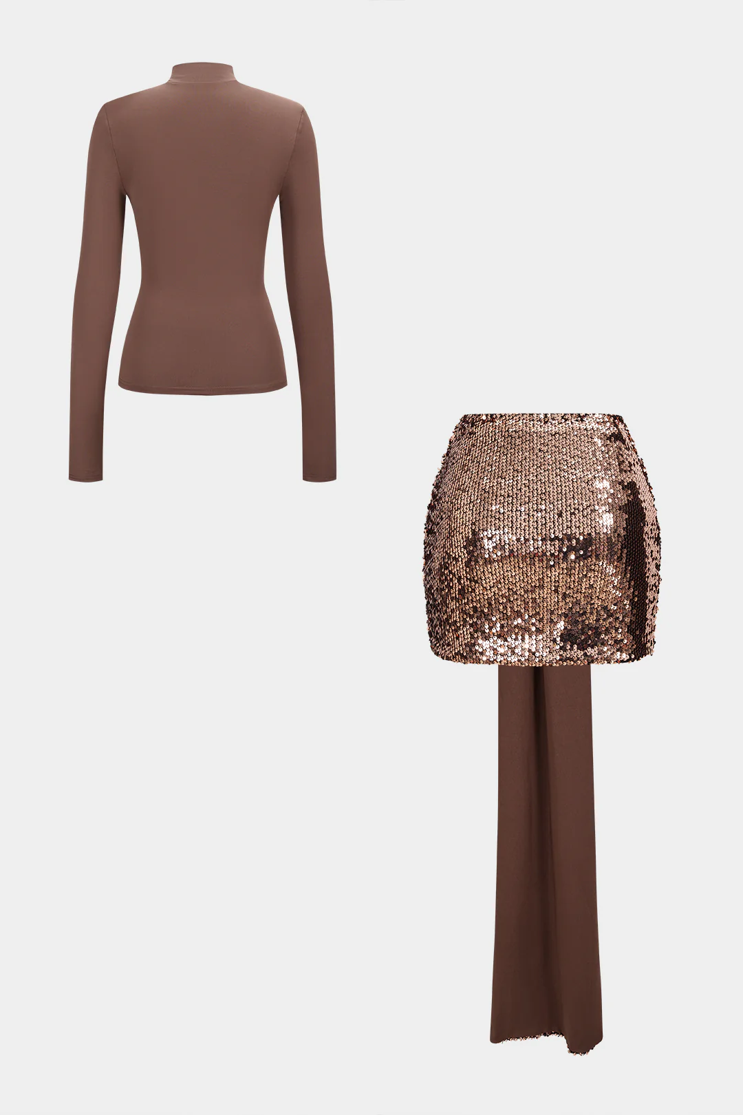 Mock Neck Long-Sleeve Top And Sequin Mini Skirt Set - Weenar