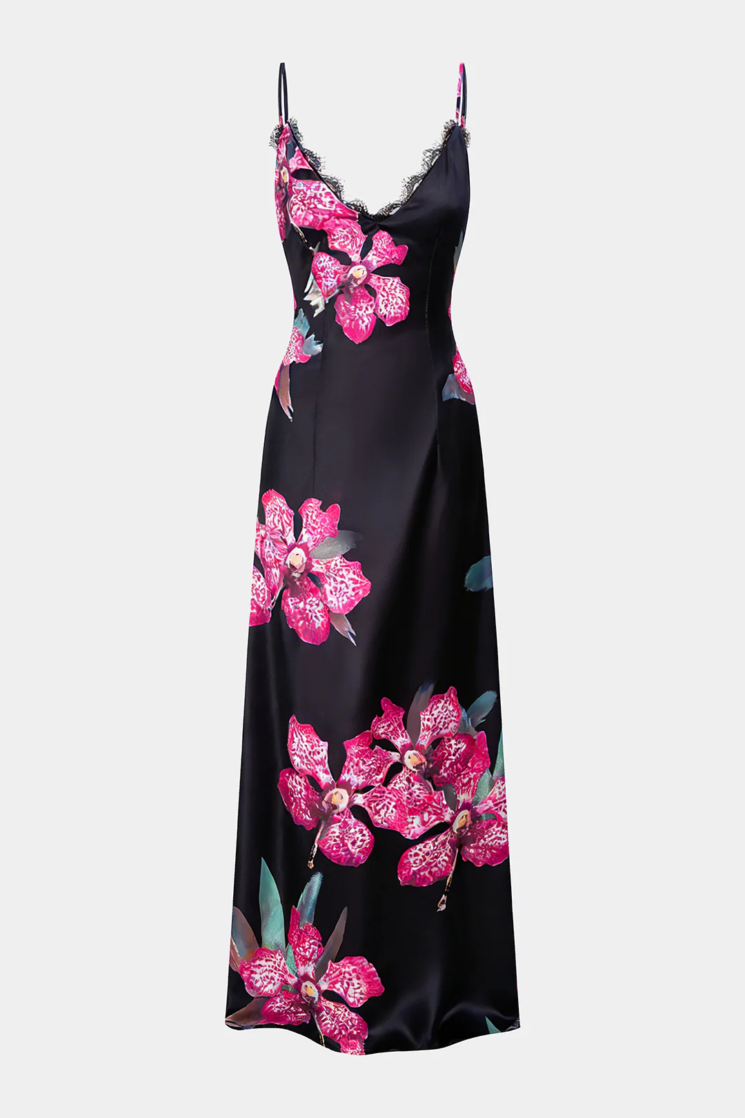 Floral Print Satin Patchwork Lce Trim V-Neck Slip Sleeveless Maxi Dress - Weenar