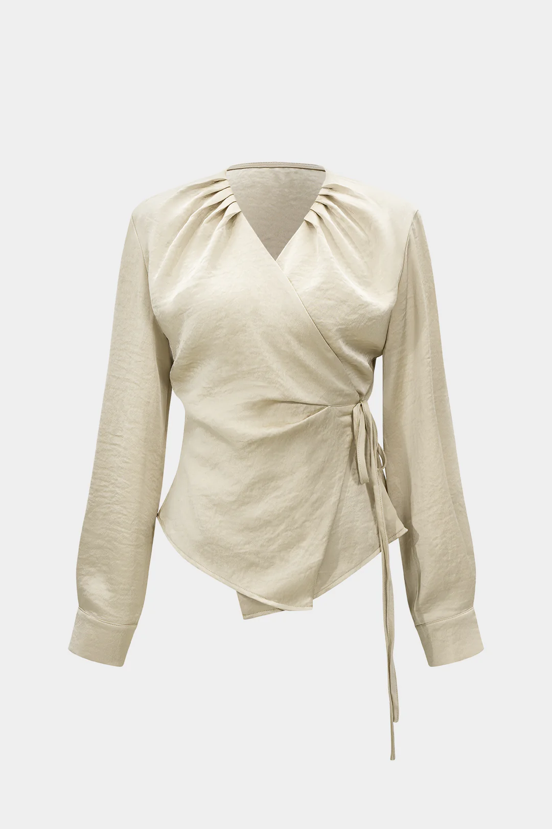 Satin Tie-Up Ruched Long-Sleeve Shirt - Weenar