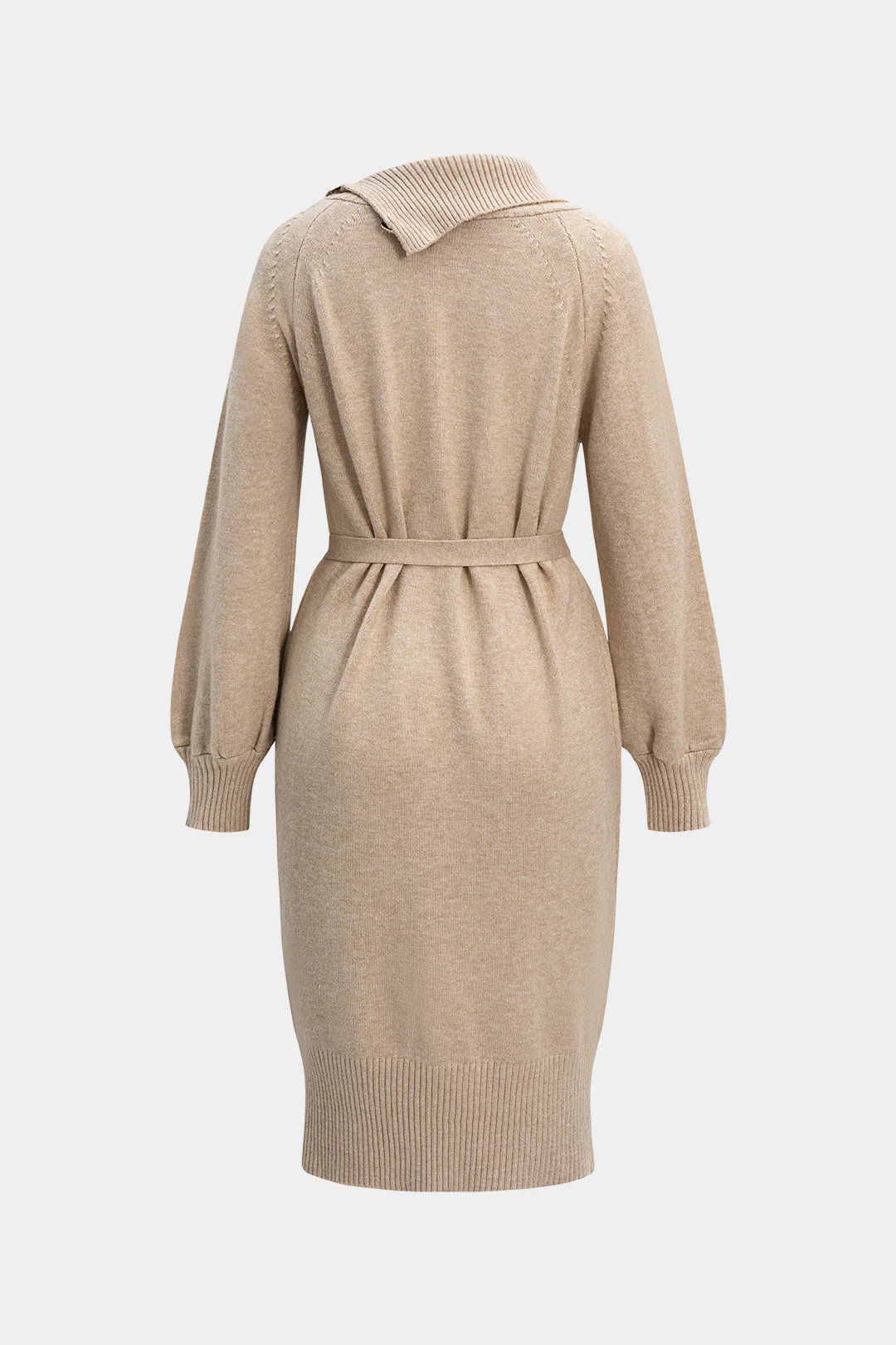 Knit Asymmetrical Button Tie-Up Long Sleeve Dress - Weenar
