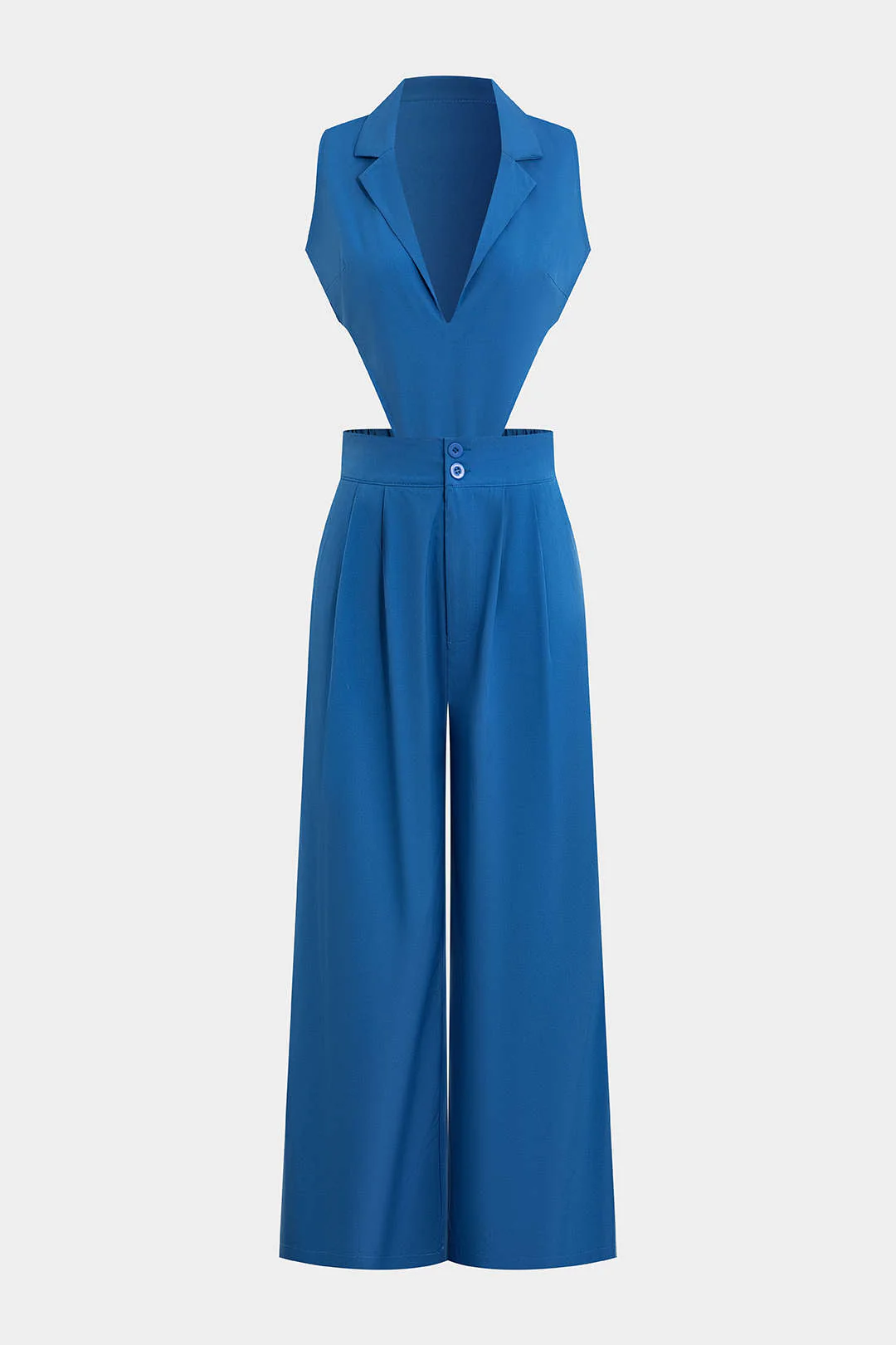 Deep V-Neck Lapel Sleeveless Bodysuit And Wide Leg Pants Set - Weenar