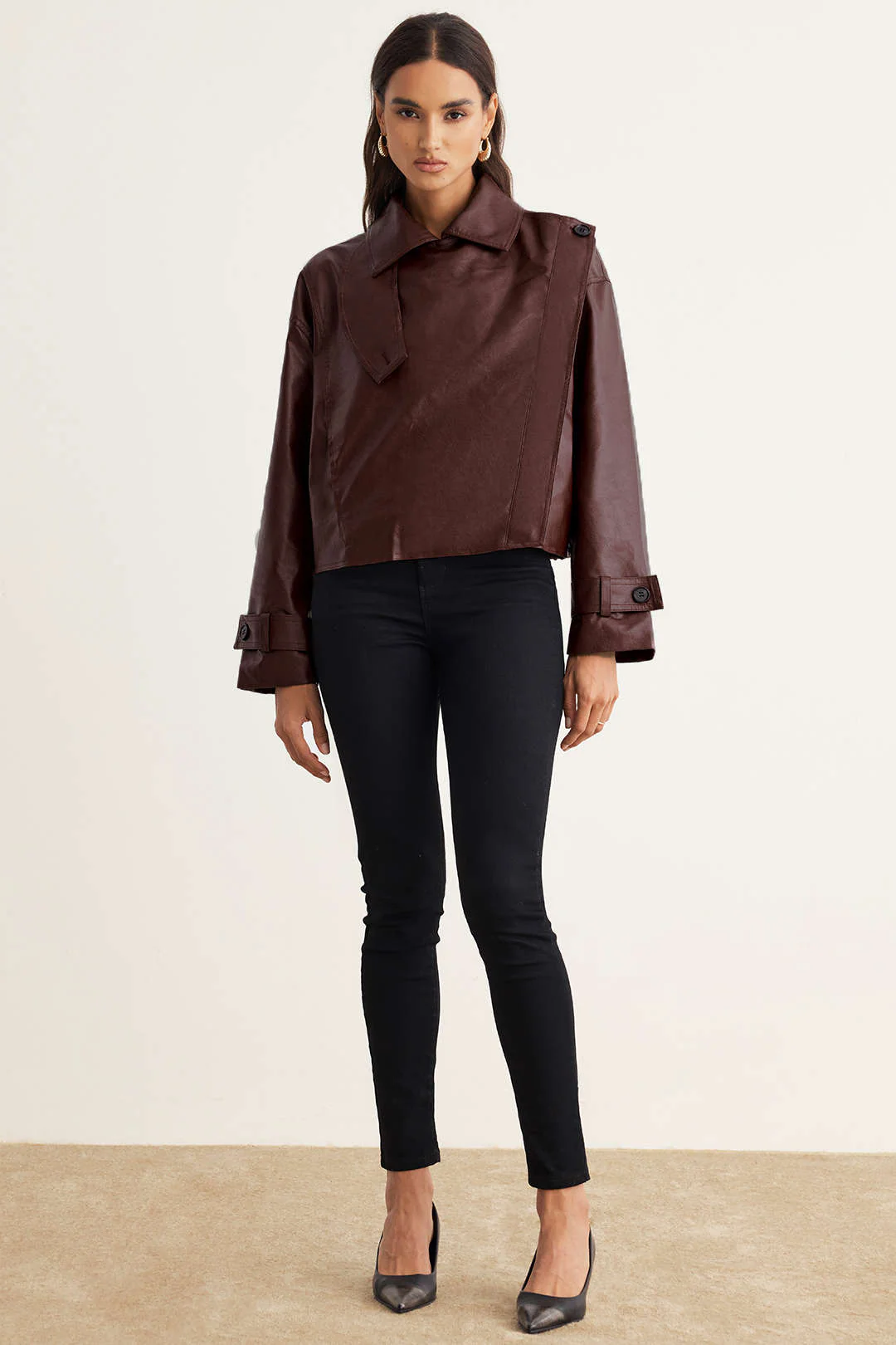 Faux Leather Asymmetrical Cropped Jacket - Weenar