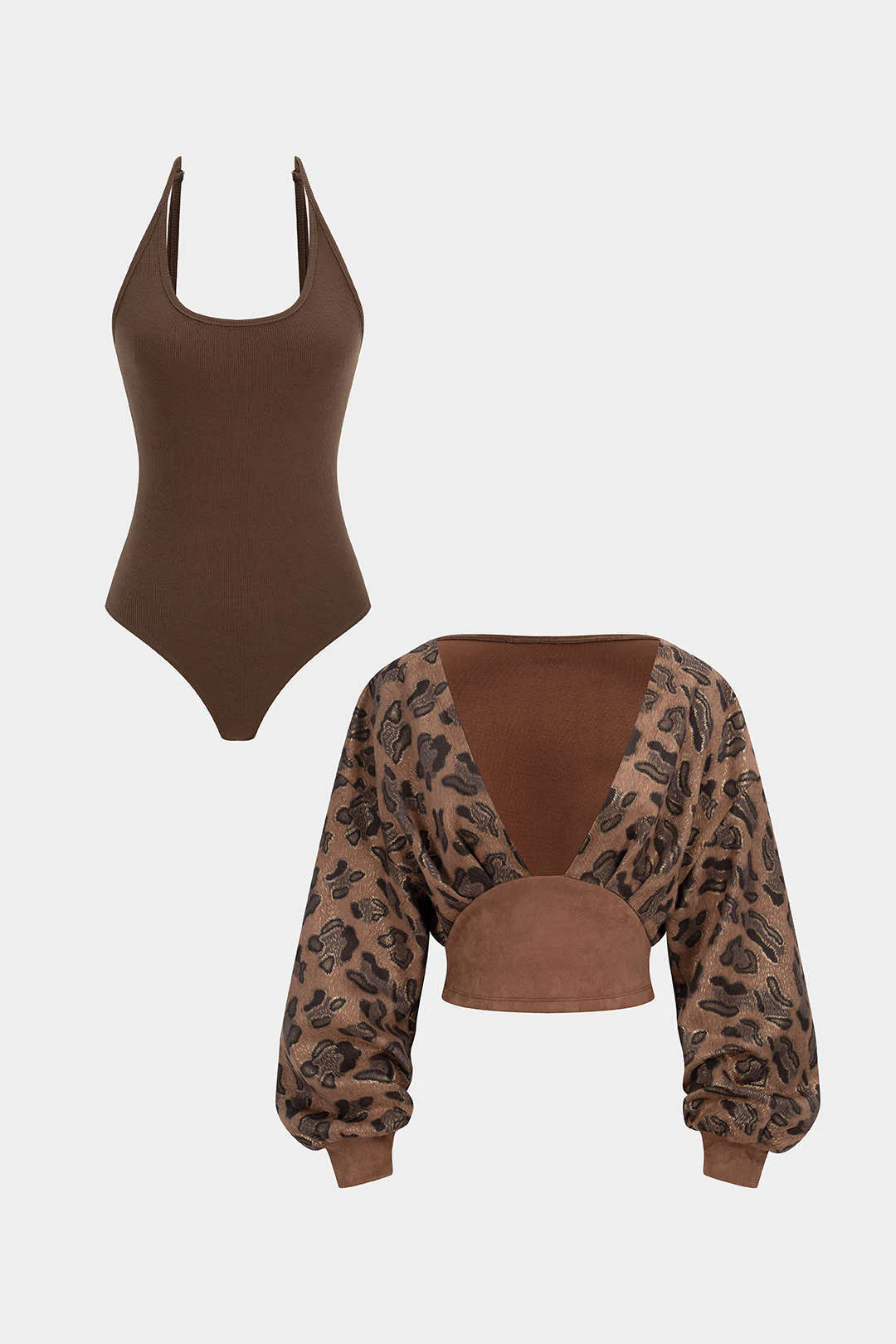 Leopard Print Suede Patchwork Halter Neck Long Sleeve Bodysuit - Weenar