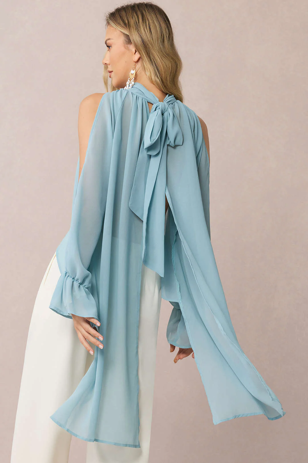 Chiffon Halter Neck Tie Back Cut Out Ruched Long-Sleeve Shirt - Weenar
