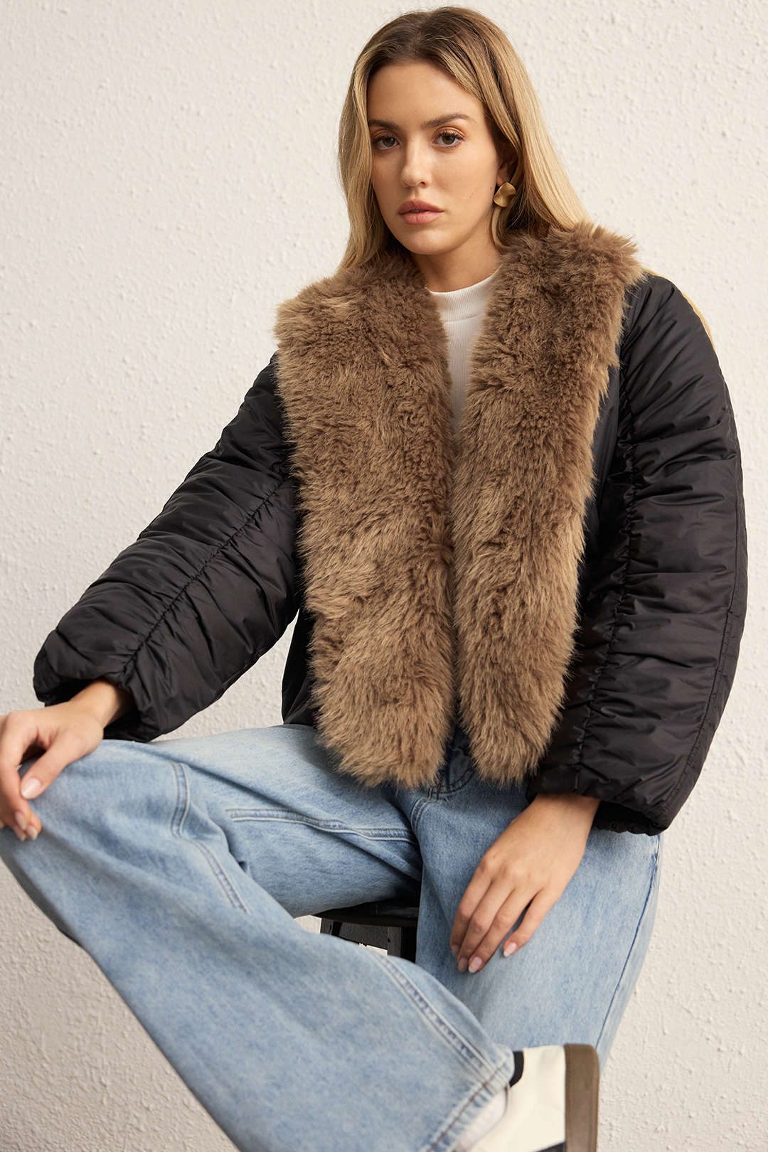 Faux Fur Collar Patchwork Puffer - Weenar