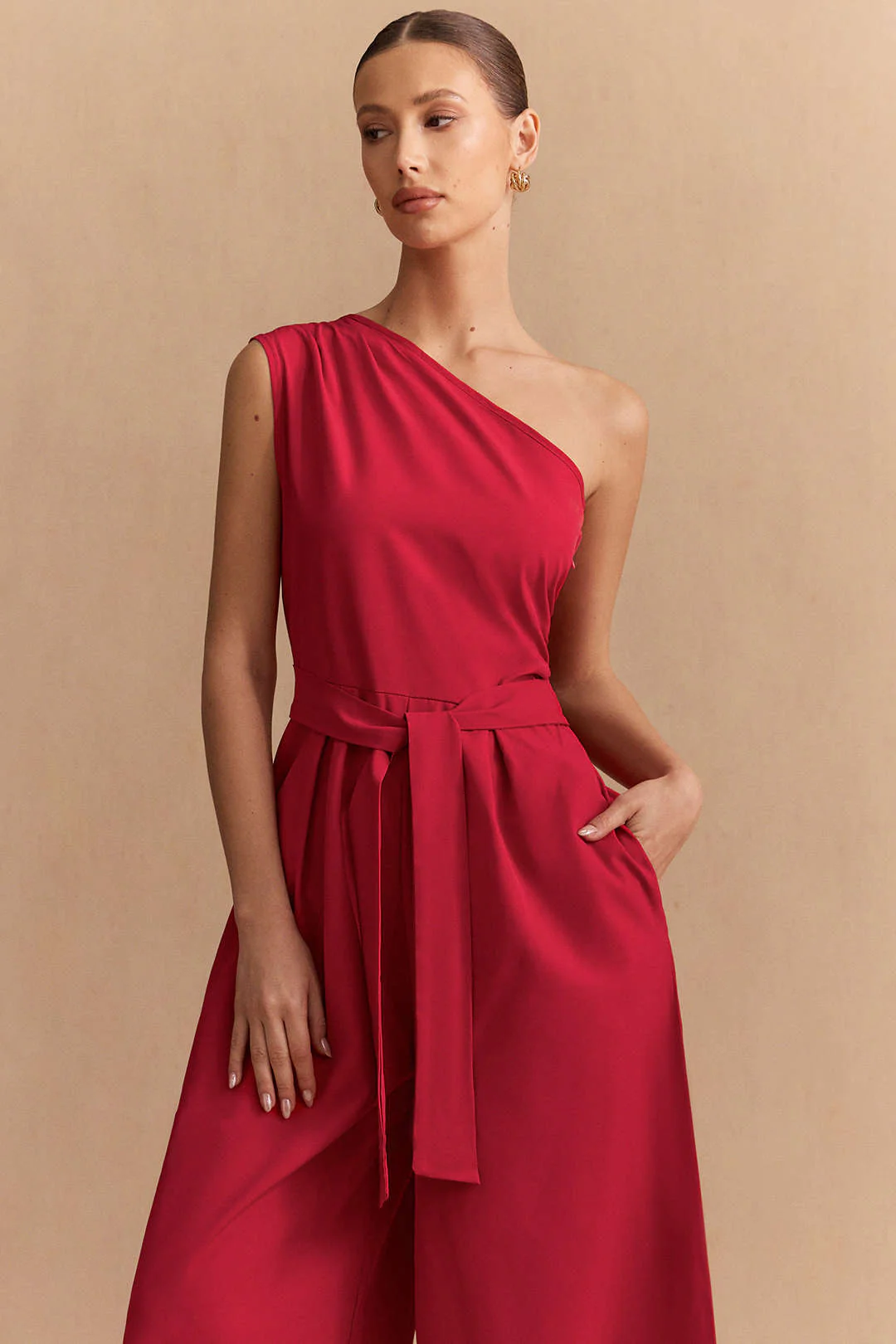 Solid One Shoulder Strappy Sleeveless Jumpsuit - Weenar