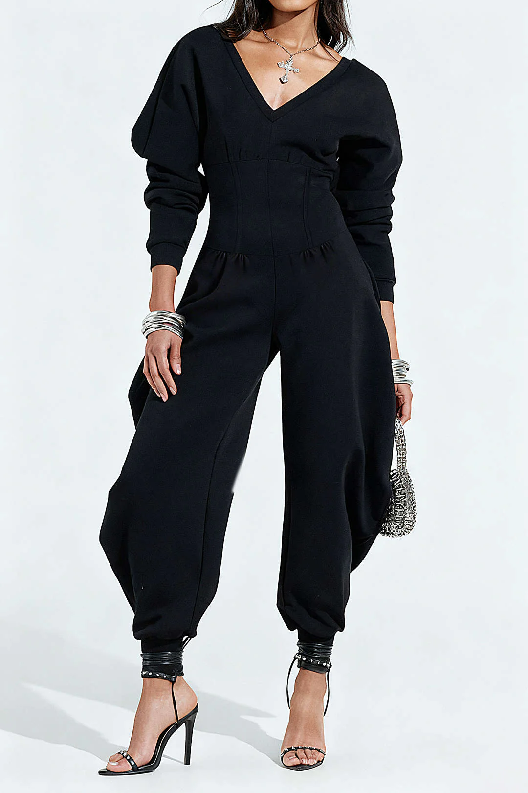 Solid High Waist Long Sleeve Jumpsuit - Weenar