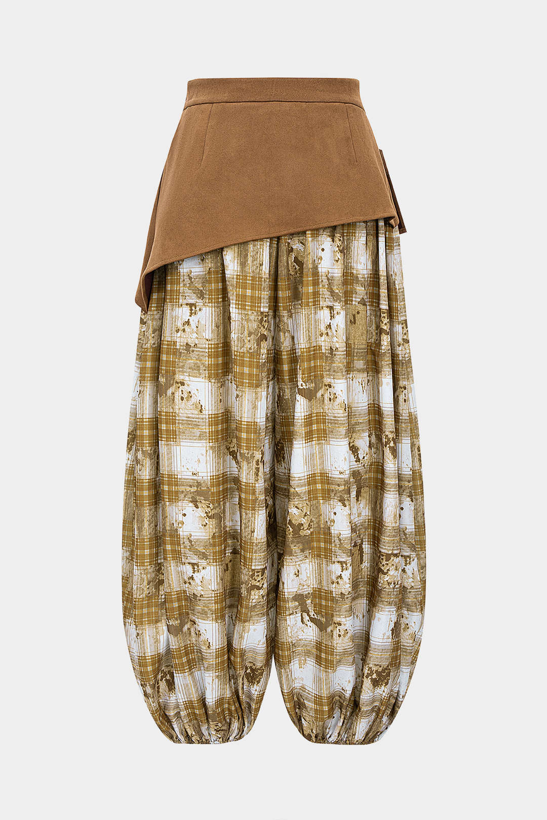 Plaid Print Shirred Waistband Patchwork Button Asymmetrical Lantern Trousers - Weenar