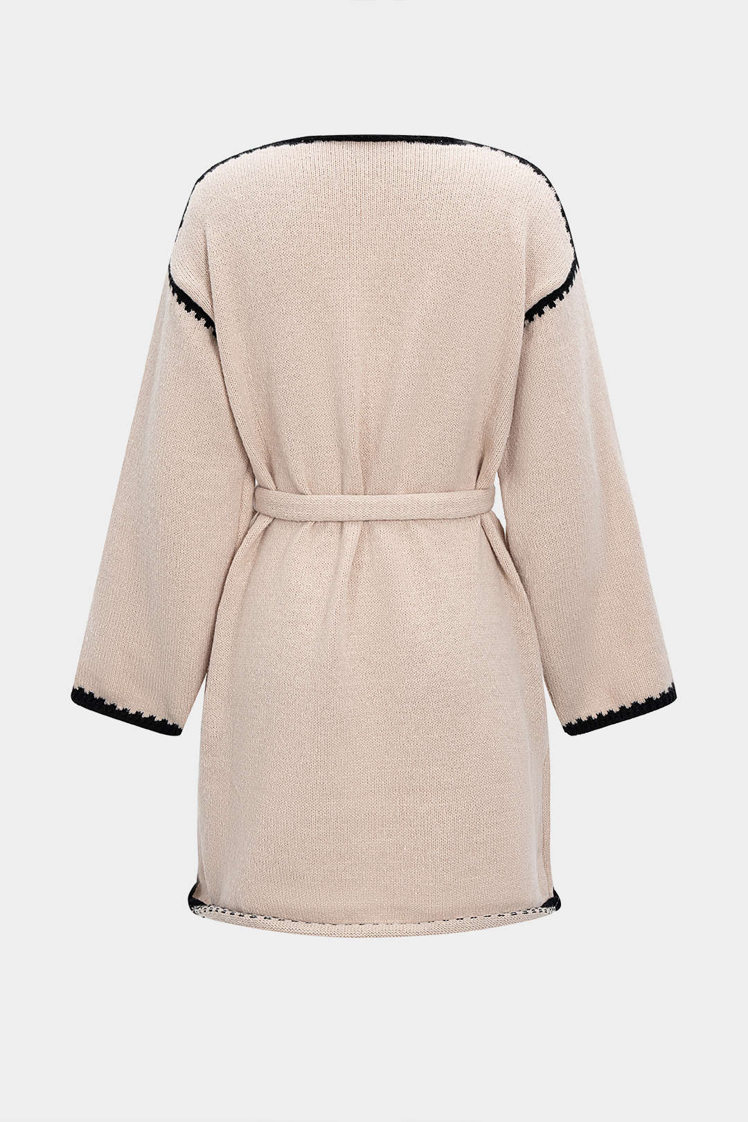 Knit V-Neck Contrast Binding Tie-Up Long Sleeve Dress - Weenar