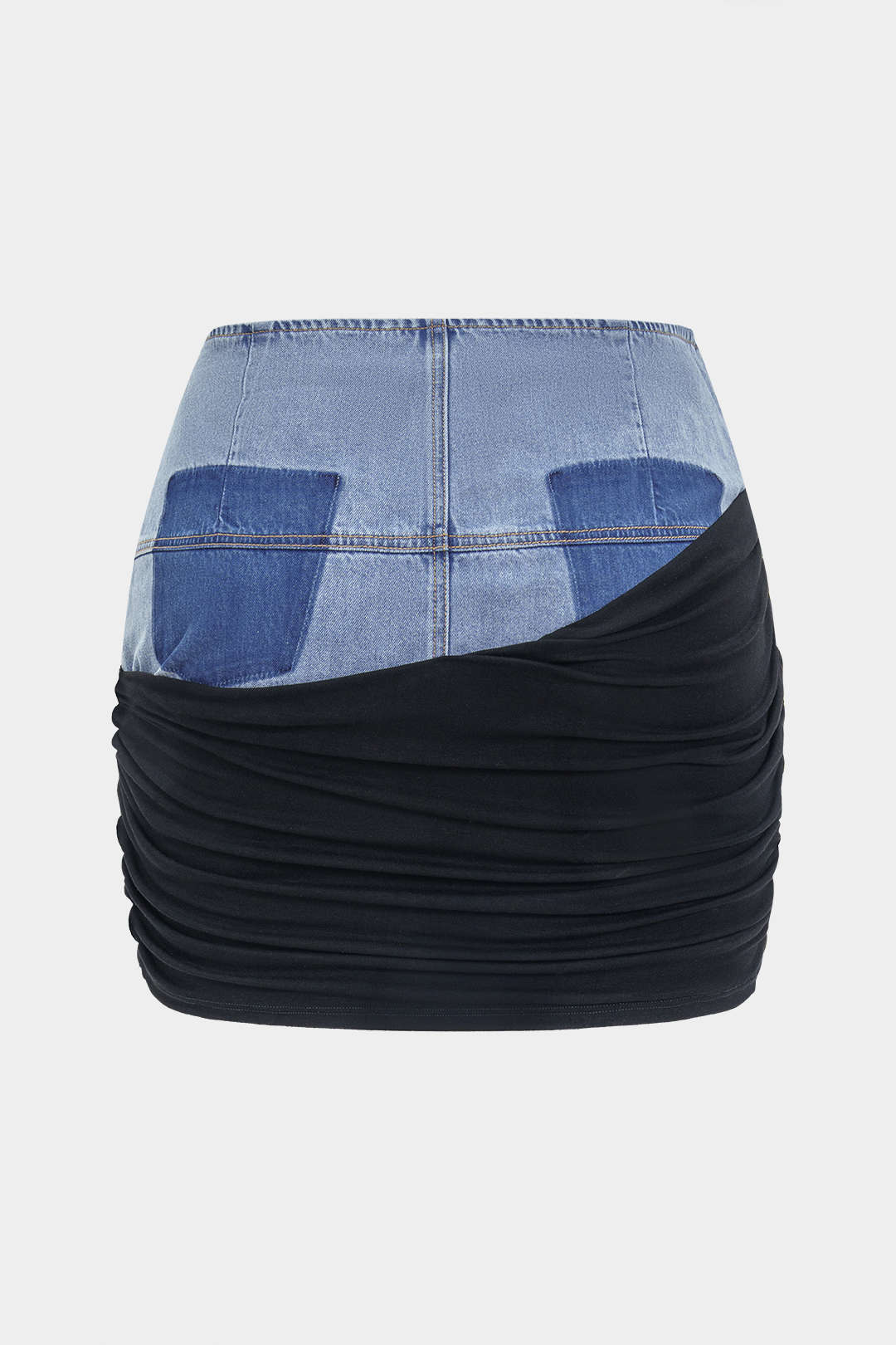 Plus Size Denim Ruched Patchwork Zipper High Waist Skirt - Weenar