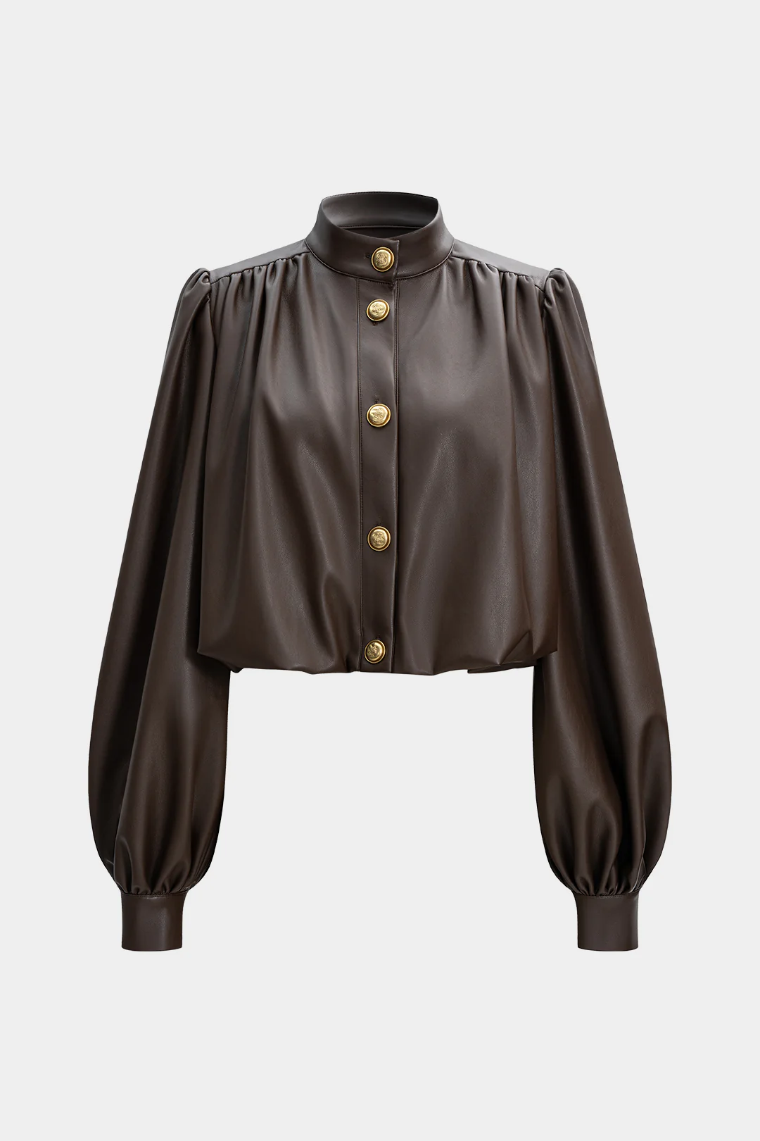 Faux Leather Mock Neck Metallic Button Ruched Jacket - Weenar