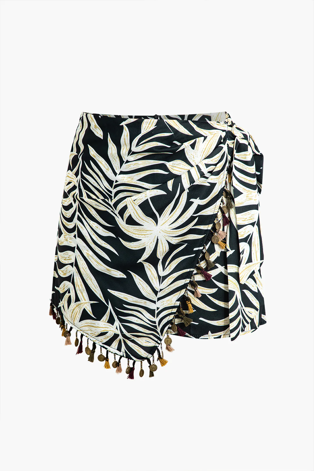 Palm Leaf Print Chiffon Fringe Asymmetrical Tie Knot Skirt - Weenar