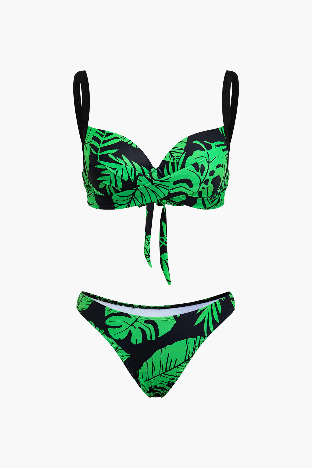 3PC Palm Leaf Print Tie Up Fringe Bikini Set - Weenar