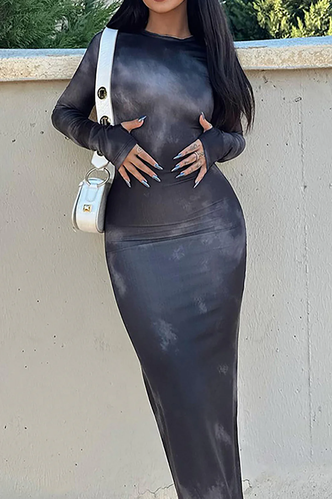Tie Dye Print Long Sleeve Maxi Dress - Weenar