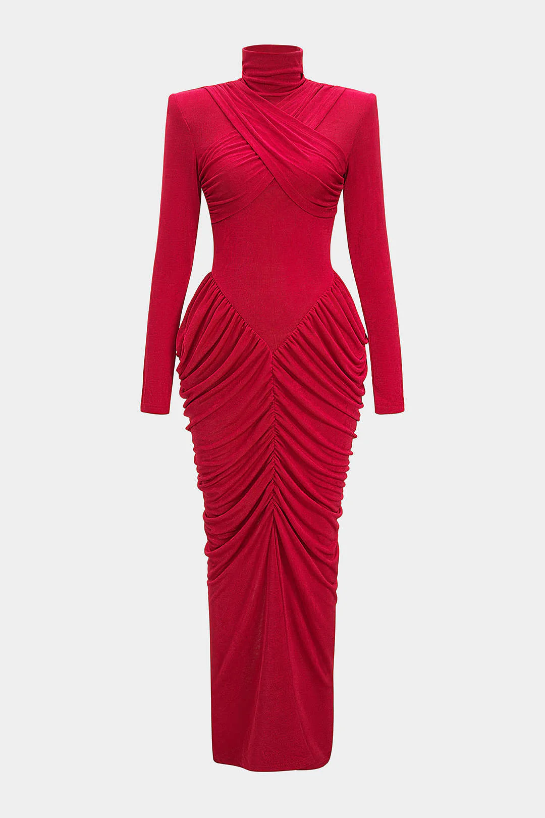 Mock Neck Shoulder Pads Crossed Ruched Backless Long-Sleeve Maxi Dress - Weenar