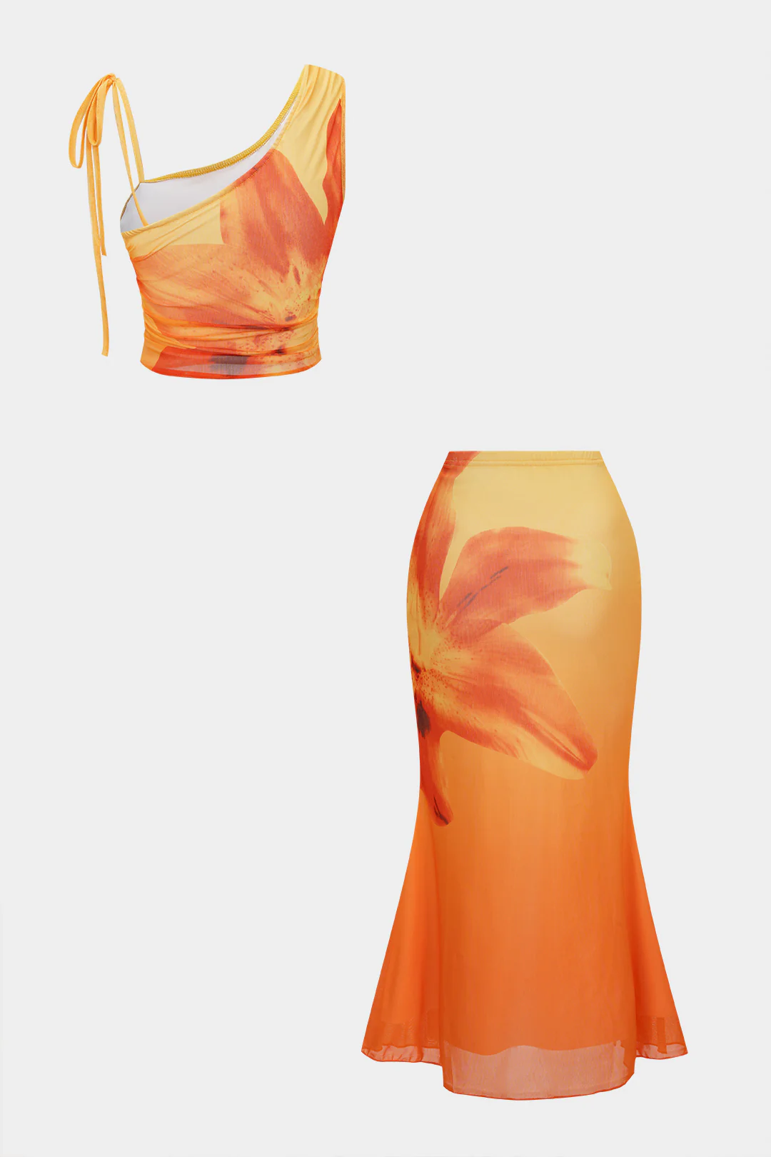 Floral Print Mesh Tie-Up Asymmetrical Cami Top And Ruched Skirt Set - Weenar