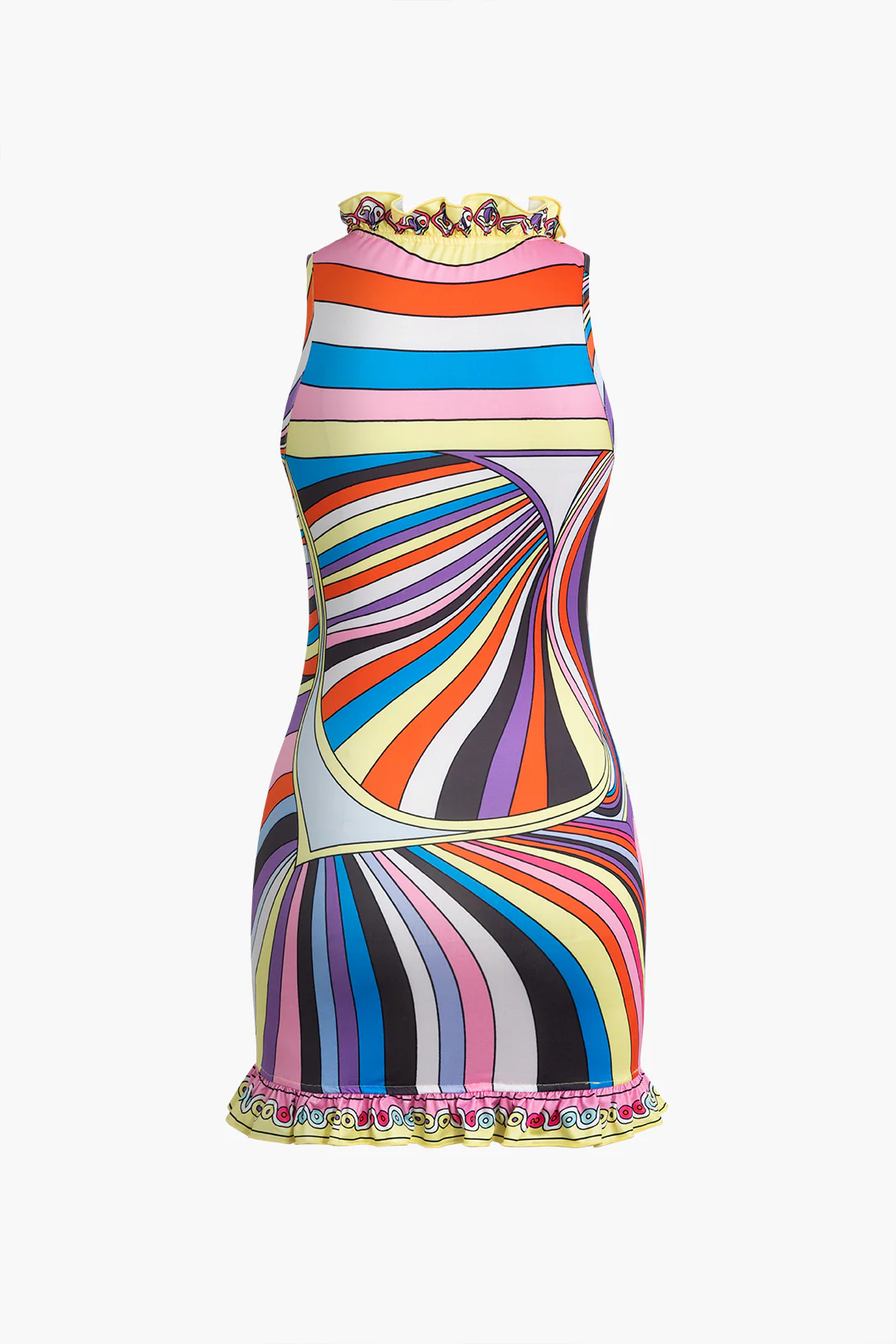 Geometric Stripes Print Scallop Edge Sleeveless Mini Dress - Weenar