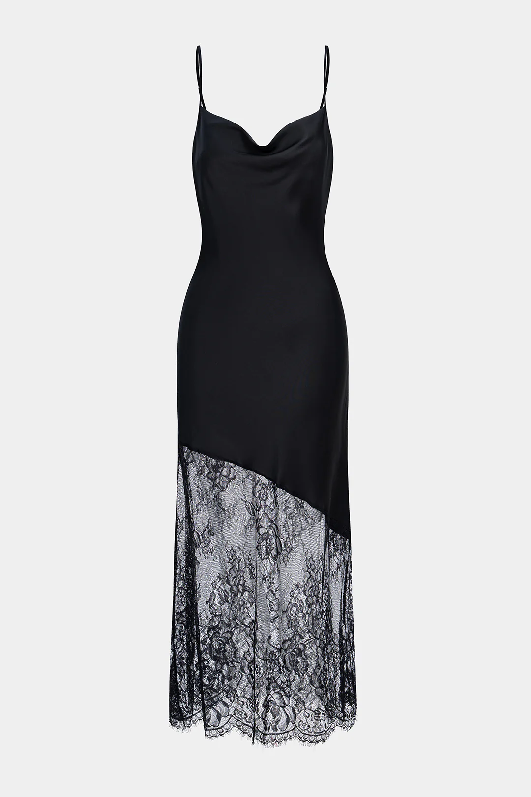 Satin Patchwork Lace Draped Cowl Neck Asymmetrical Sleeveless Slip Midi Dress - Weenar