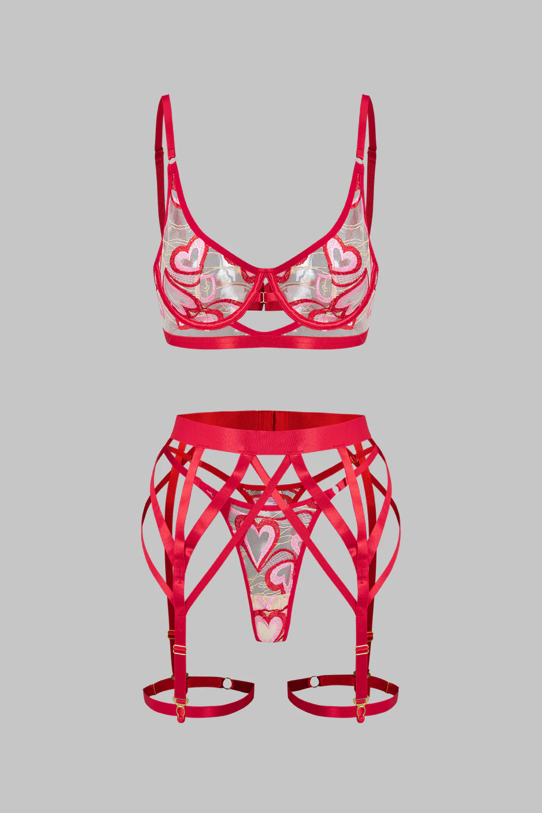 Sheer Mesh Embroidery Cut Out Lingerie Garter Set - Weenar