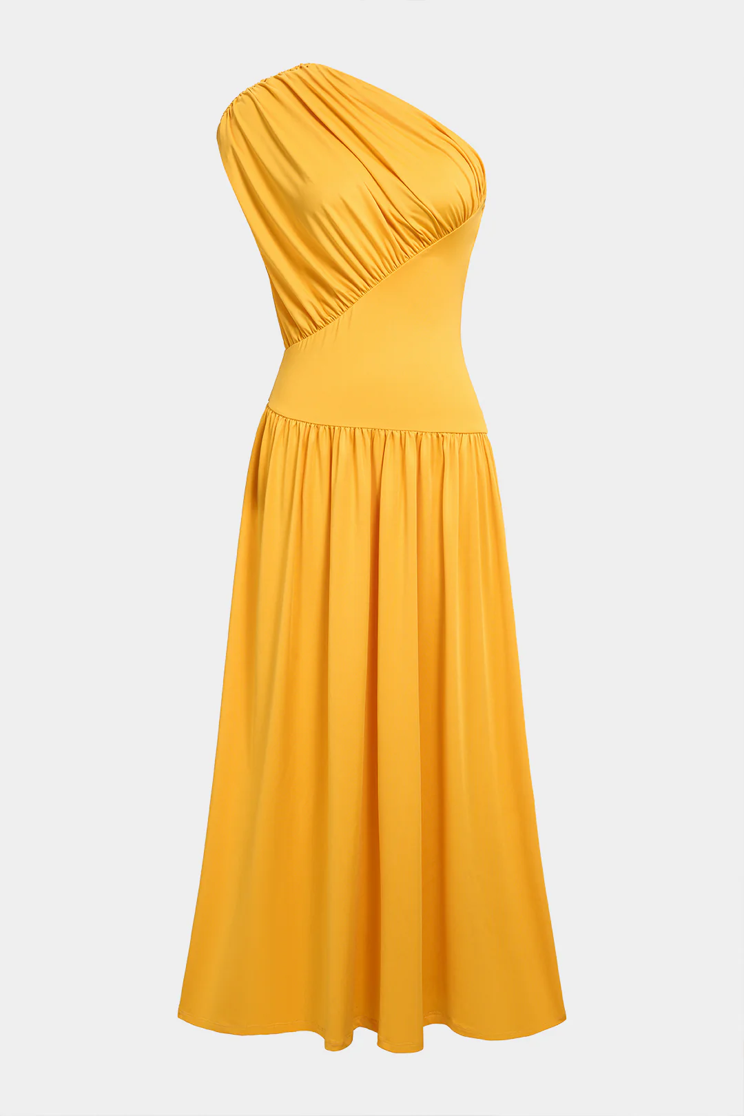 Solid One Shoulder Asymmetrical Ruched Sleeveless Maxi Dress - Weenar