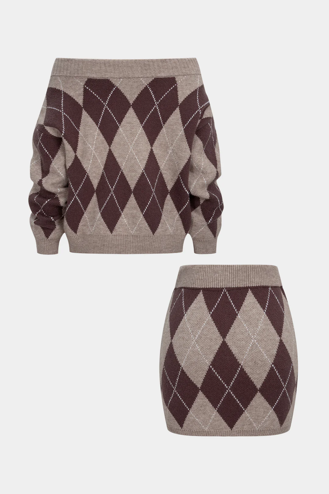 Knit Contrast Diamond Print Off Shoulder Long-Sleeve Top And High Waist Mini Skirt Set - Weenar