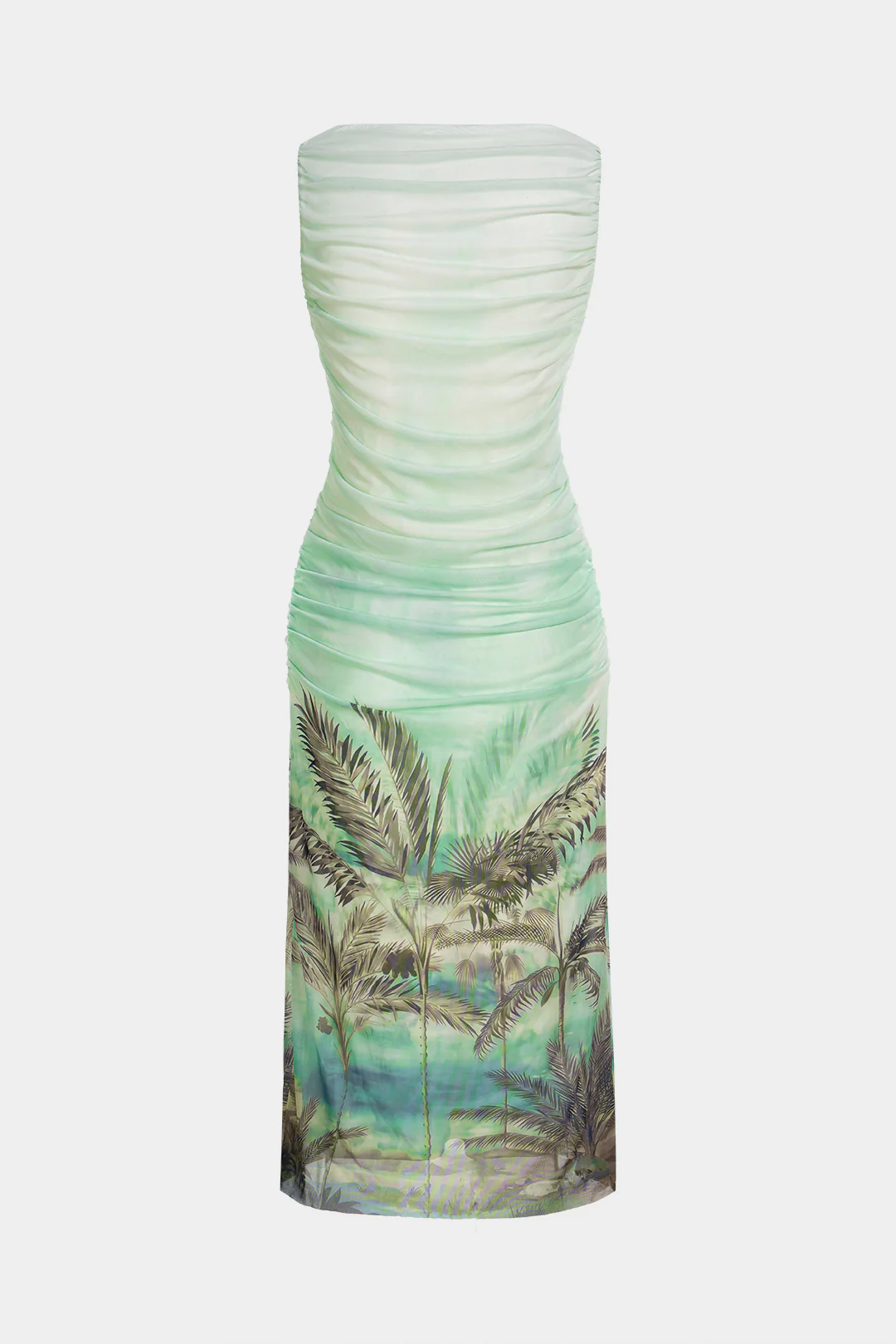 Coconut Palm Ombre Print Mesh Patchwork Ruched Sleeveless Midi Dress - Weenar