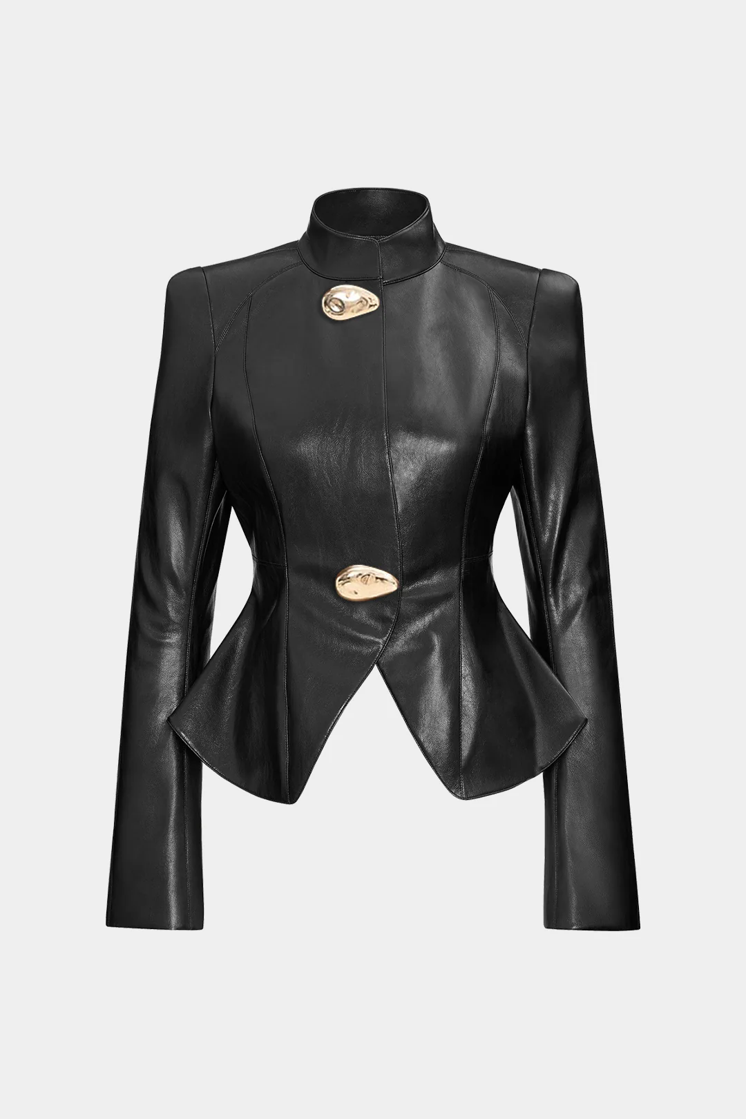 Mock Neck Faux Leather Button Jacket - Weenar