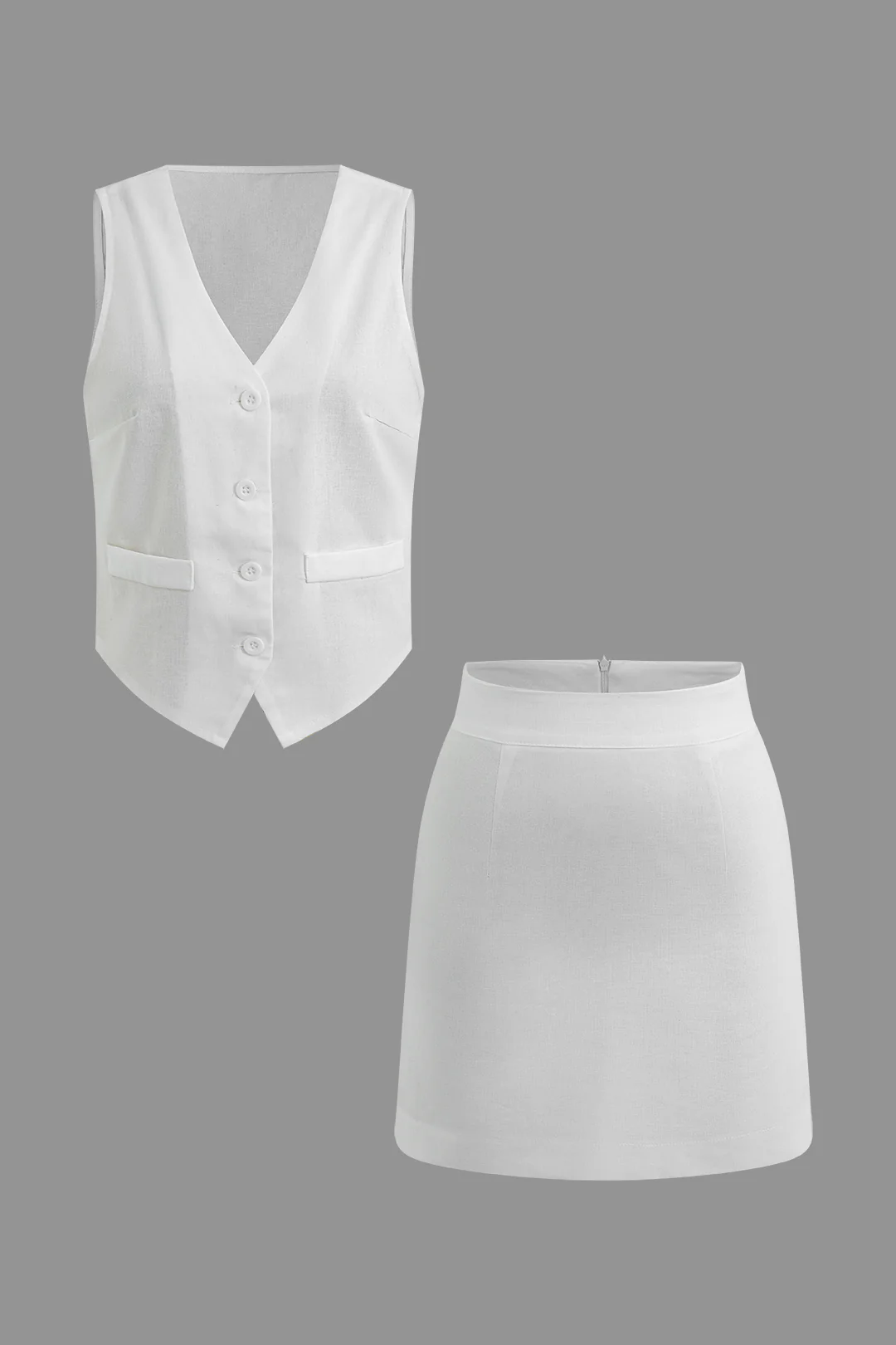 Solid V-Neck Button Sleeveless Top And Zipper Skirt Set - Weenar