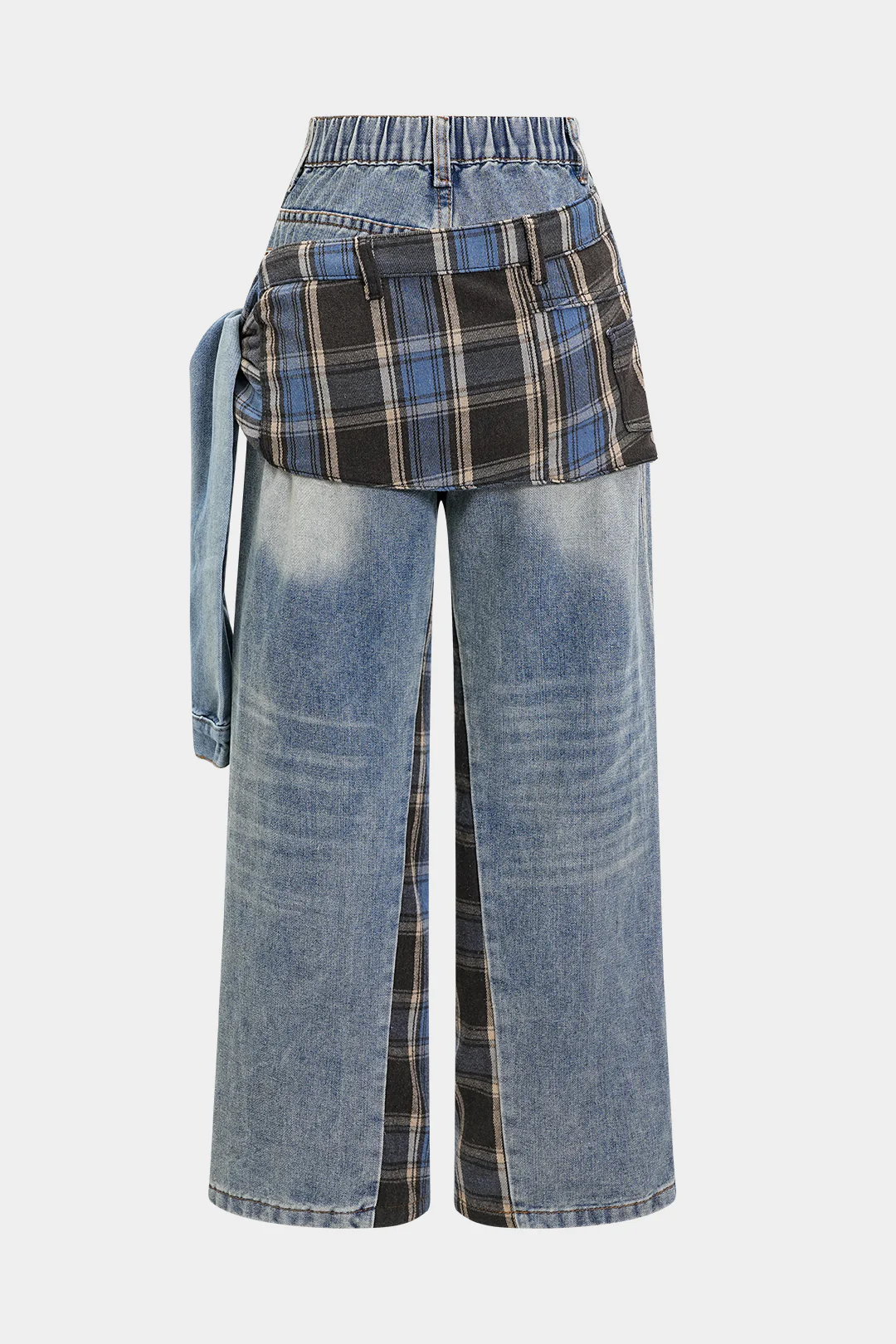 Denim Patchwork Plaid Print Washed Jeans - Weenar