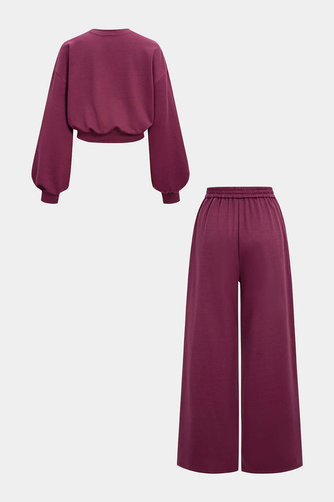Solid Ruched Long Sleeve Top And Shirred Waistband Wide Leg Pants Set - Weenar