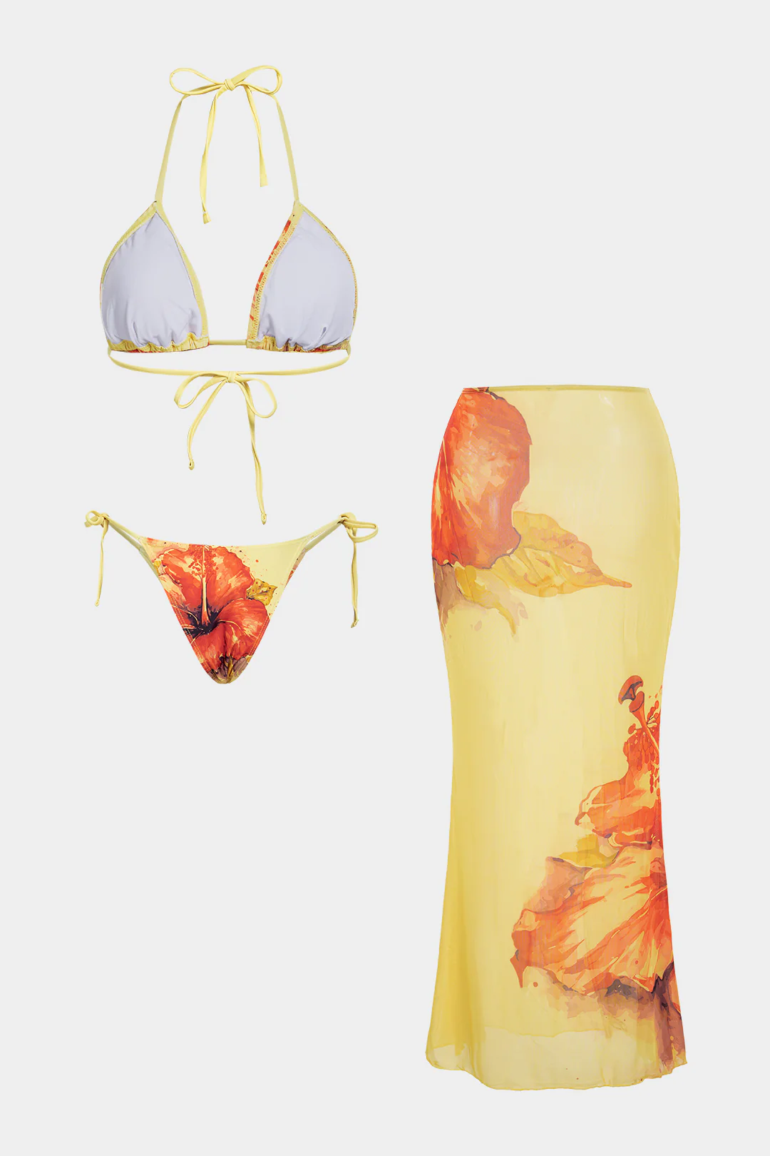 Floral Print Mesh Patchwork Halter Tie-Up Bikini Set - Weenar
